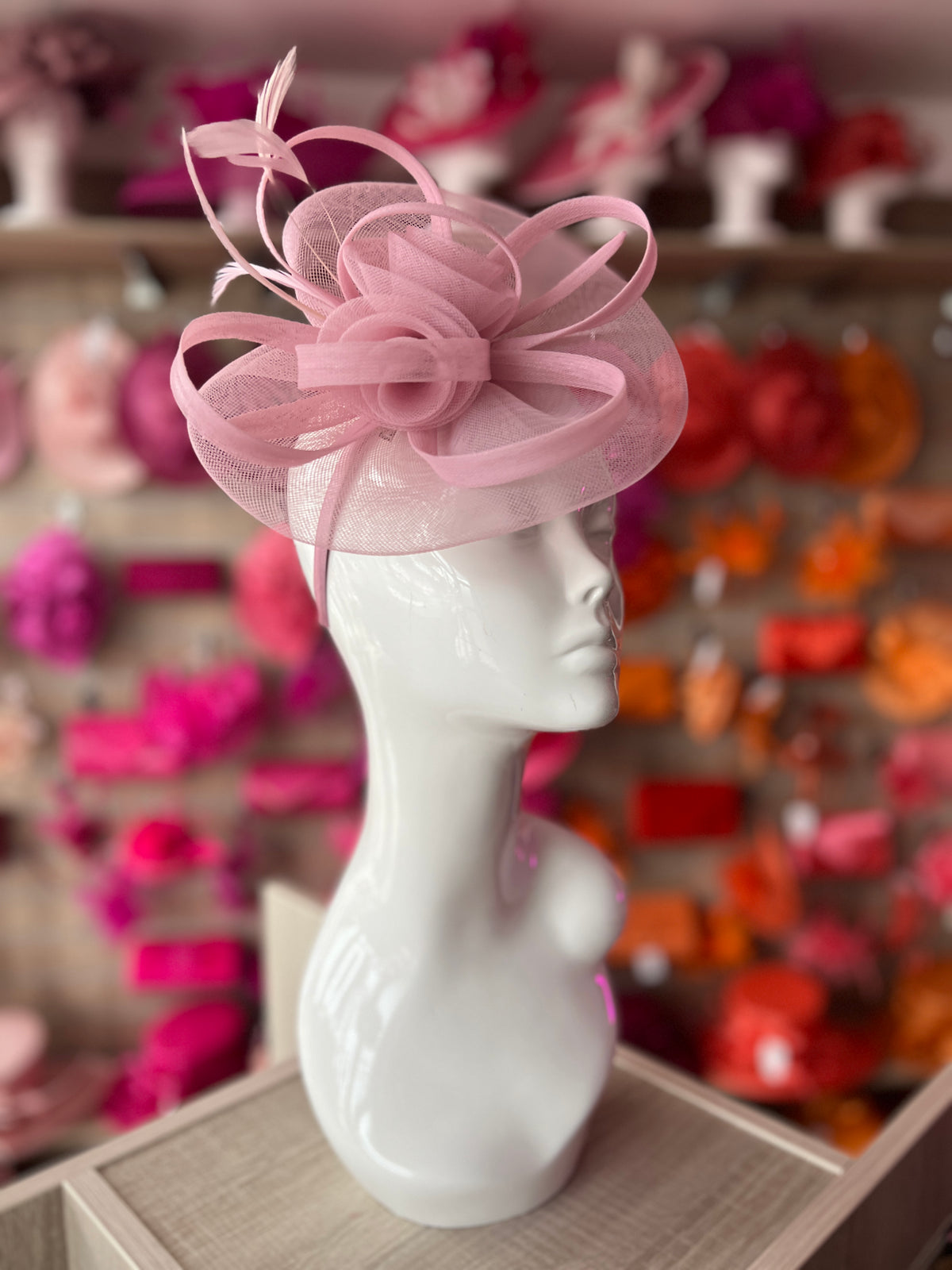 Dusty Pink Crinoline Saucer Fascinator With Loops &amp; Feathers-Fascinators Direct