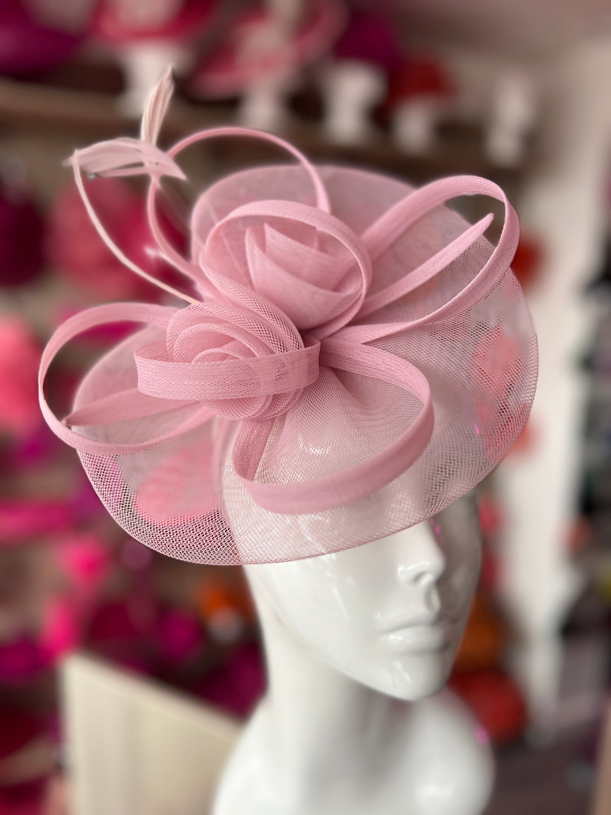 Dusty Pink Crinoline Saucer Fascinator With Loops &amp; Feathers-Fascinators Direct