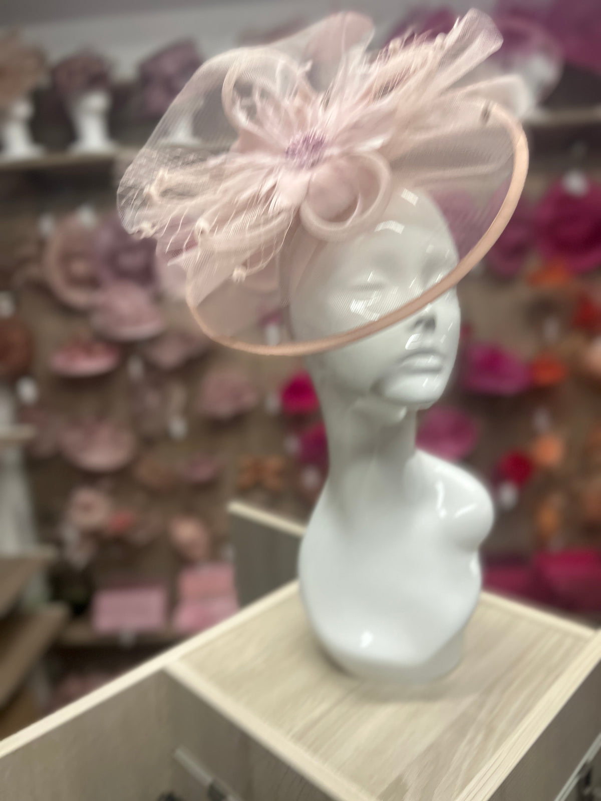 Dusty Pink Large Fascinator With Feather Flower &amp; Netting-Fascinators Direct