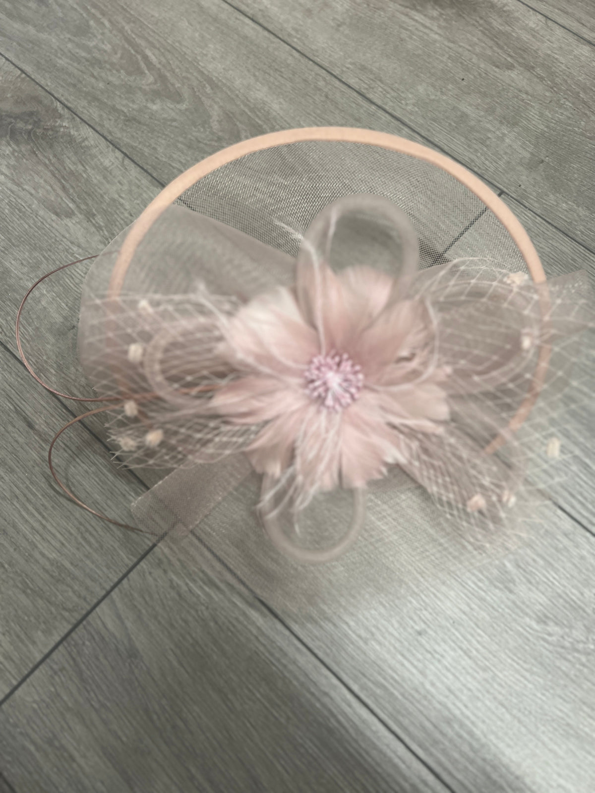 Dusty Pink Large Fascinator With Feather Flower &amp; Netting-Fascinators Direct