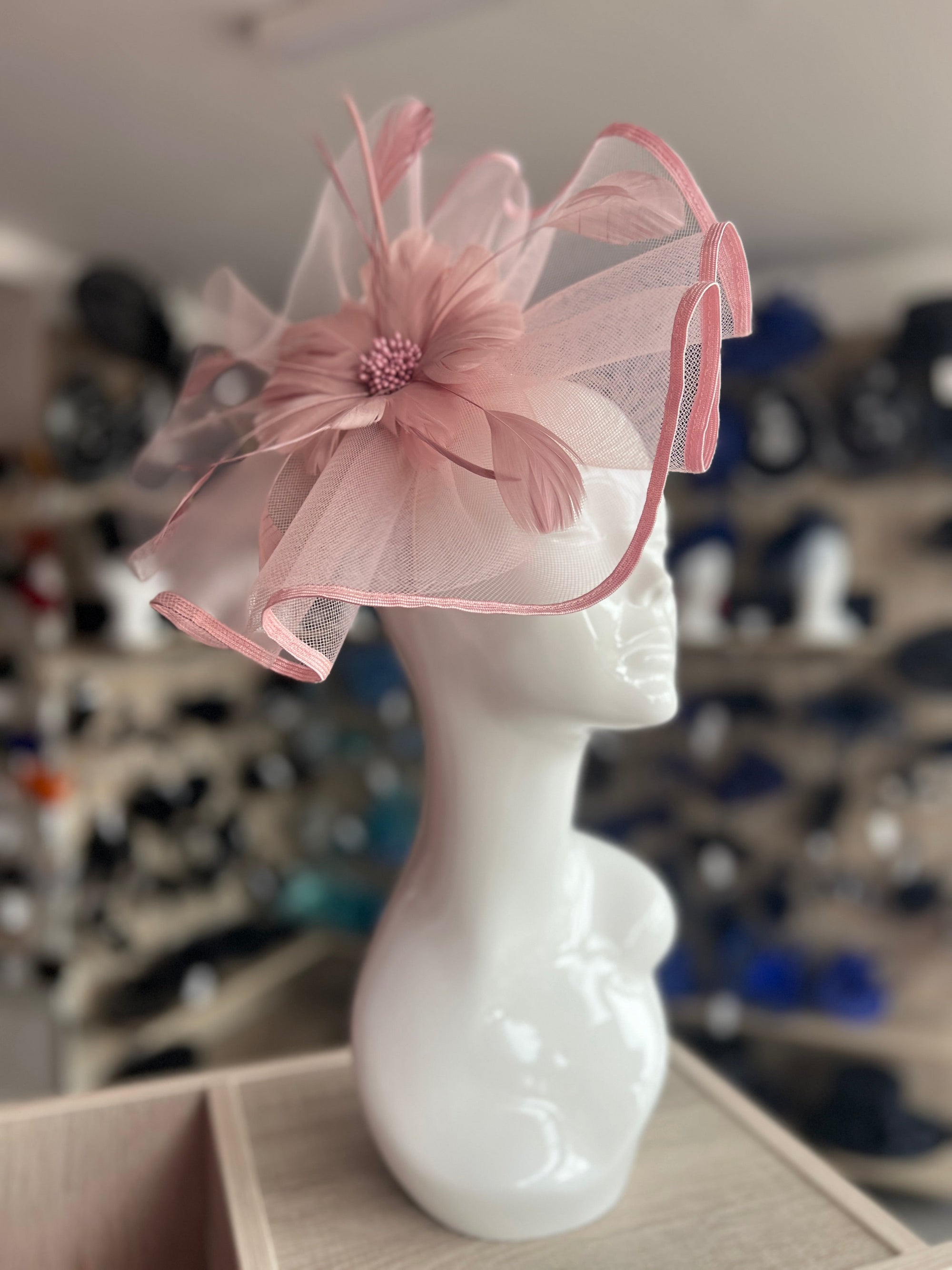 Dusty Pink Large Fascinator with Ruched Crinoline & Flower-Fascinators Direct