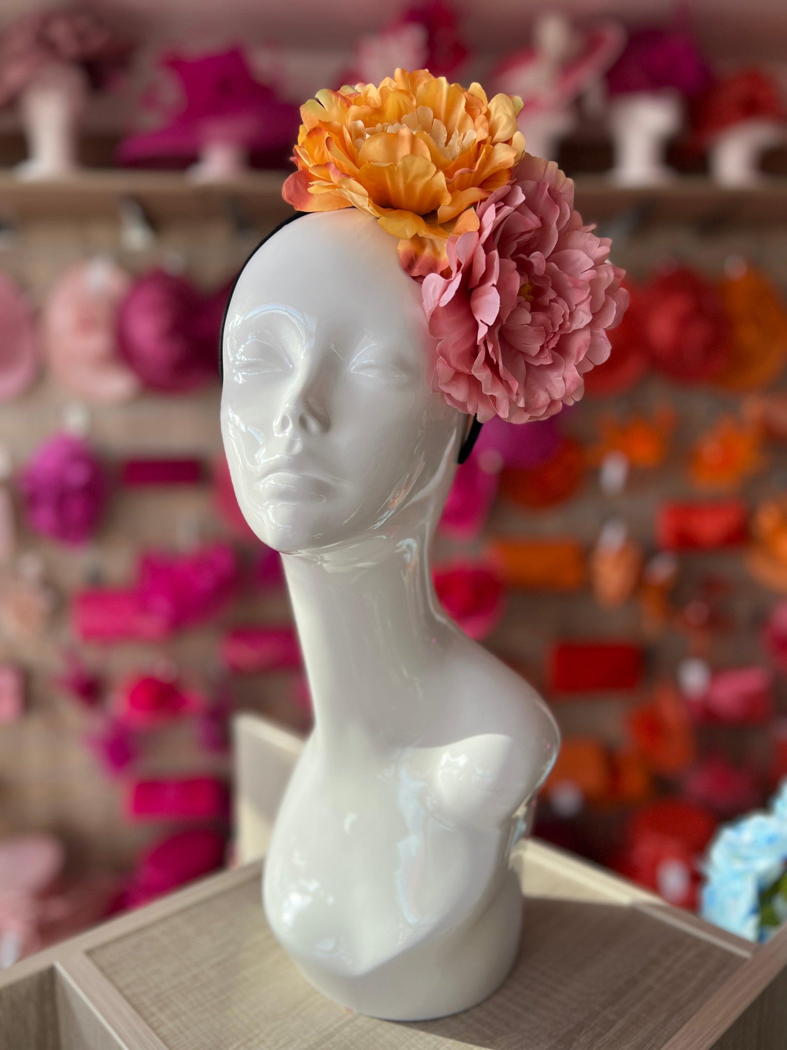 Dusty Pink & Orange Double Peony Flower Headband-Fascinators Direct
