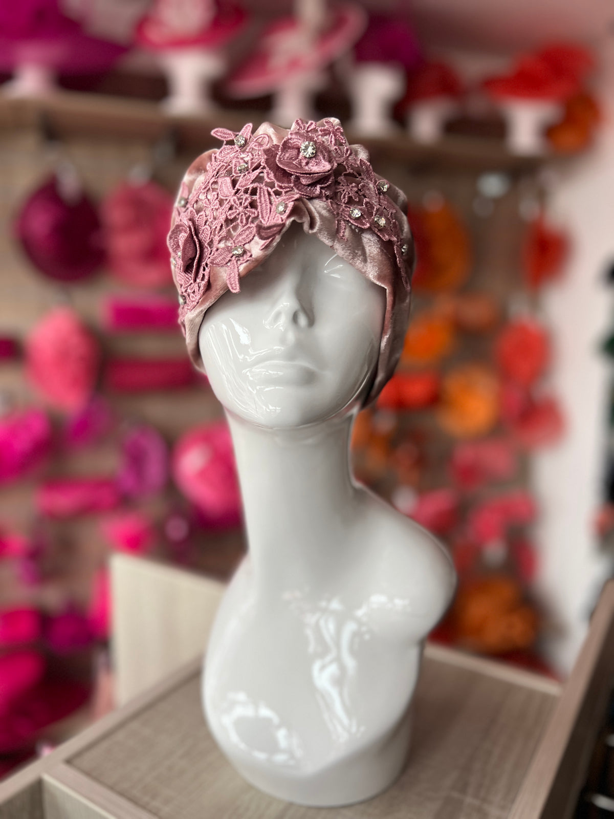 Dusty Pink Velvet Turban With Lace Effect Flowers &amp; Diamantes-Fascinators Direct