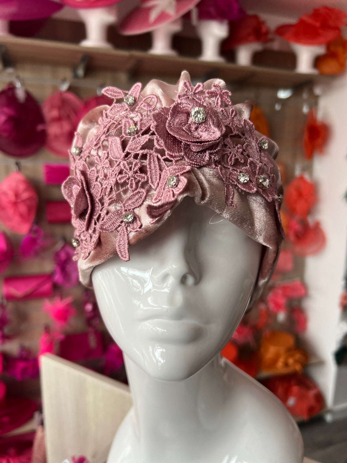 Dusty Pink Velvet Turban With Lace Effect Flowers &amp; Diamantes-Fascinators Direct