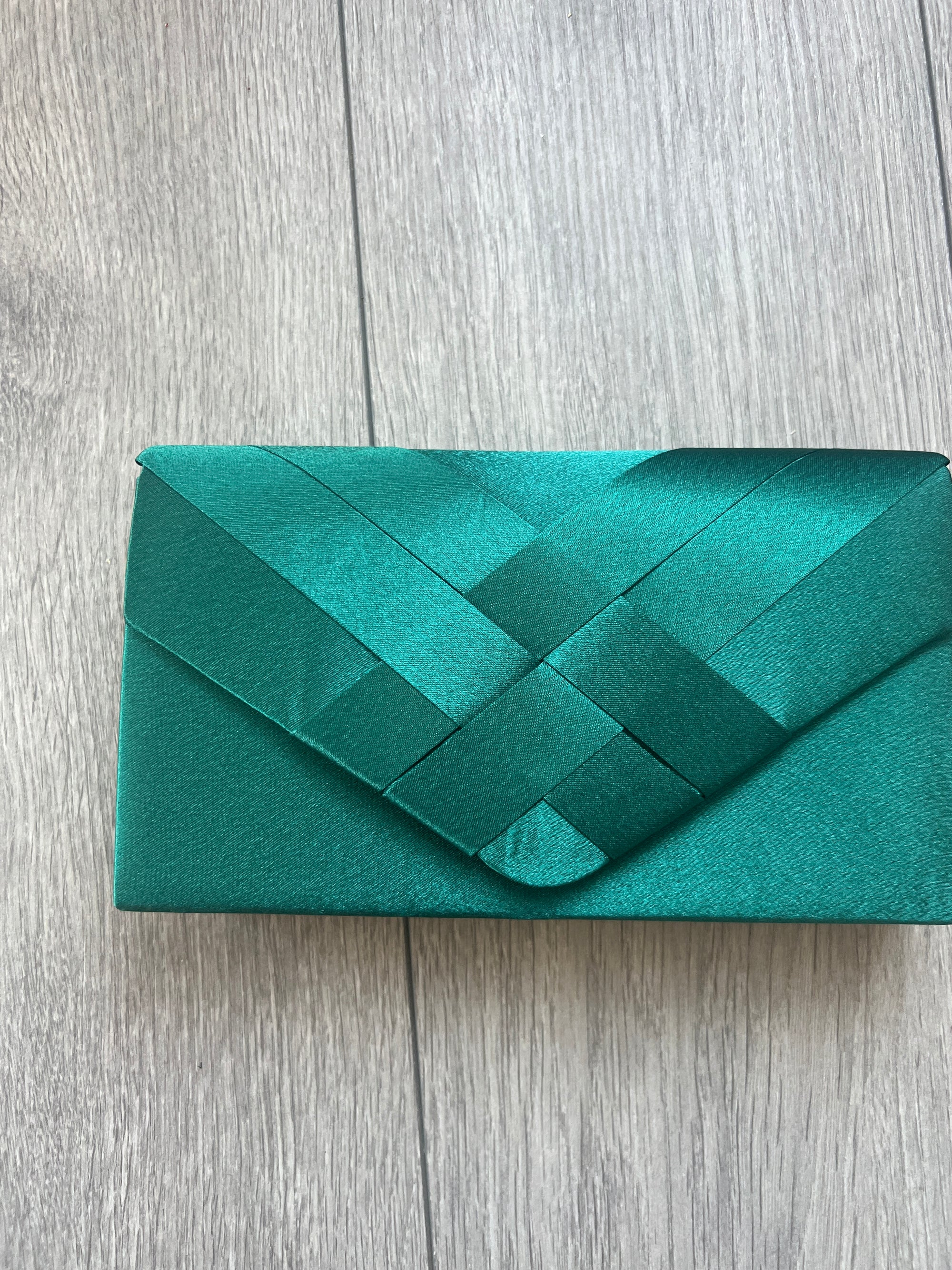 Emerald Green Satin Pleated Envelope Clutch Bag