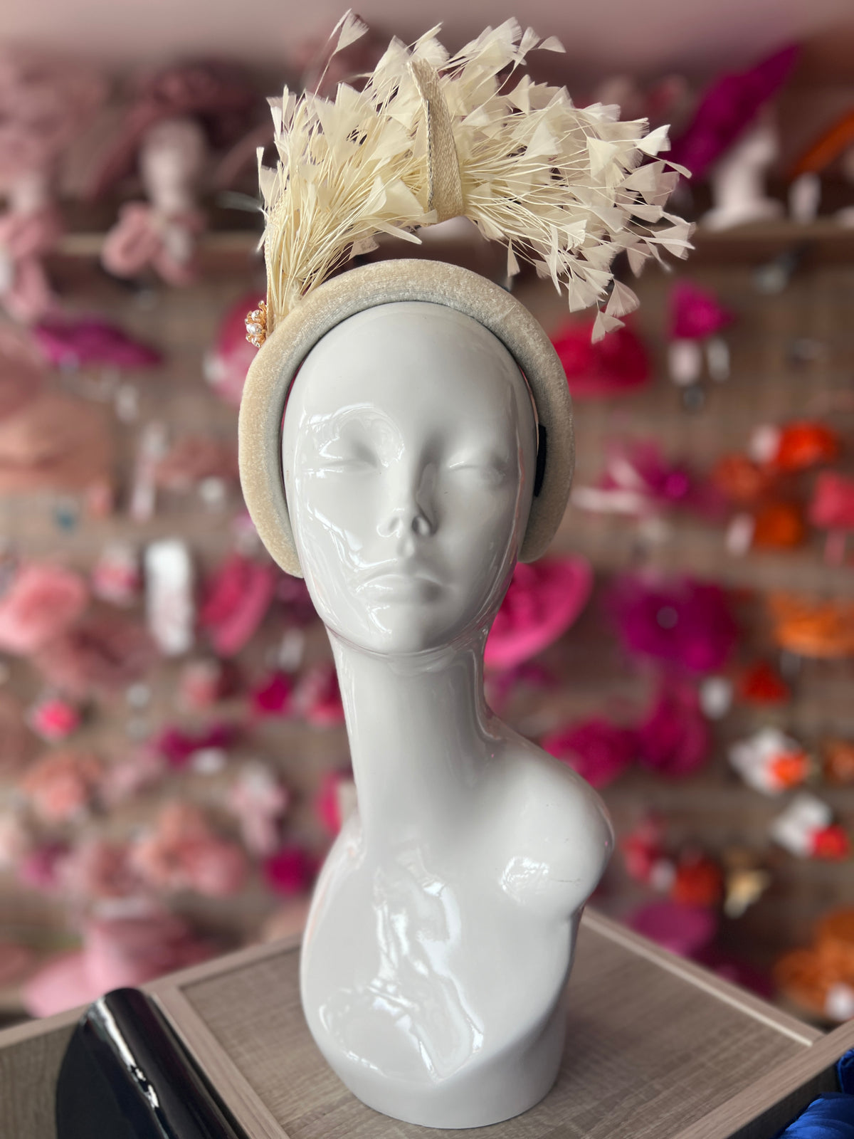 Cream Feather Velvet Padded Headband Fascinator With Diamante &amp; Pearl Cluster