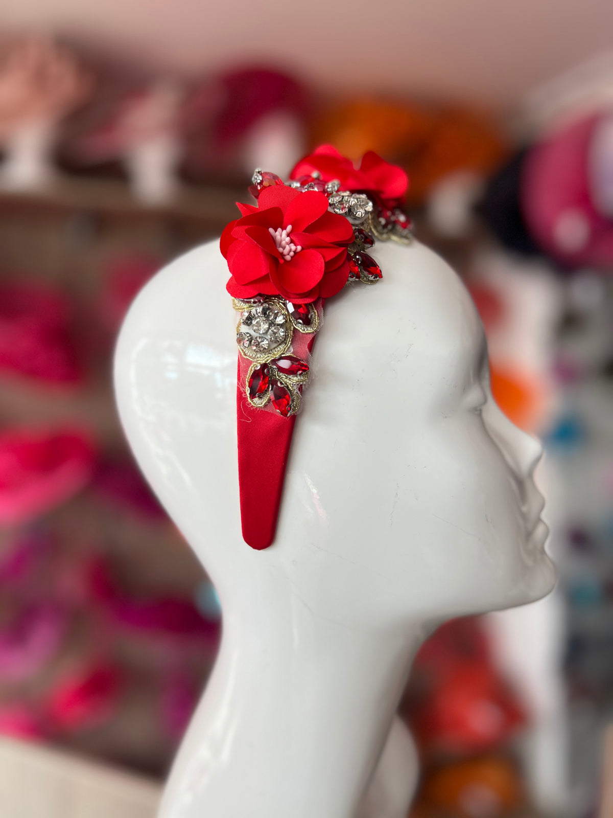 Red Flower Headband With Beads &amp; Diamantes
