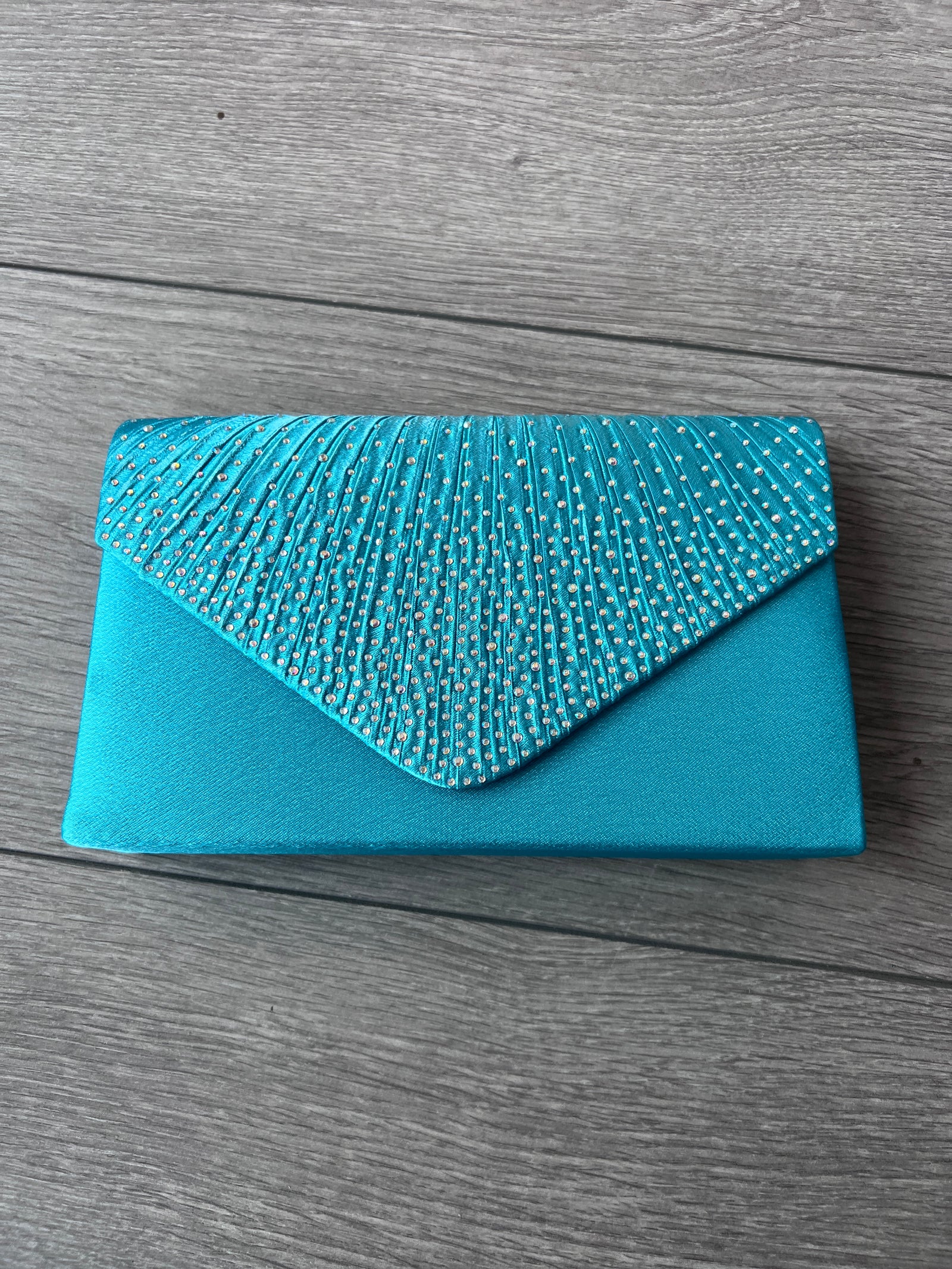 Turquoise Envelope Clutch Bag With Rhinestones