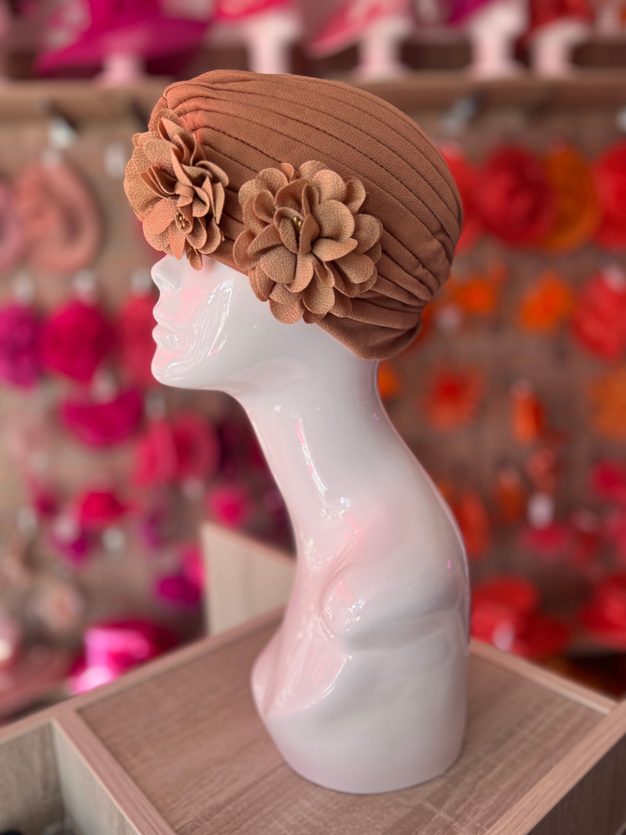 Camel Vintage Double Flower Turban Hat