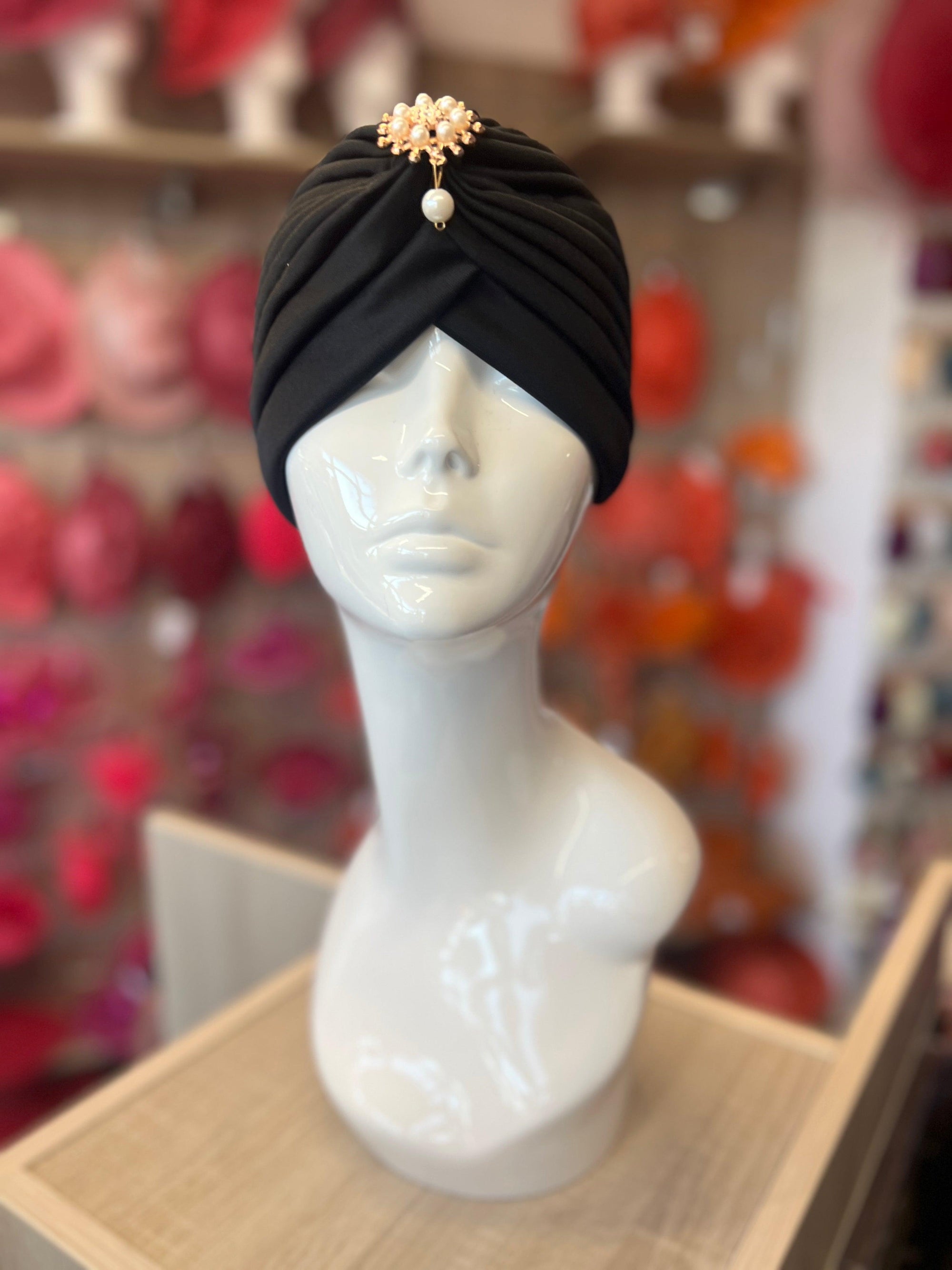 Black Turban Hat With Diamante & Pearl Embellishment