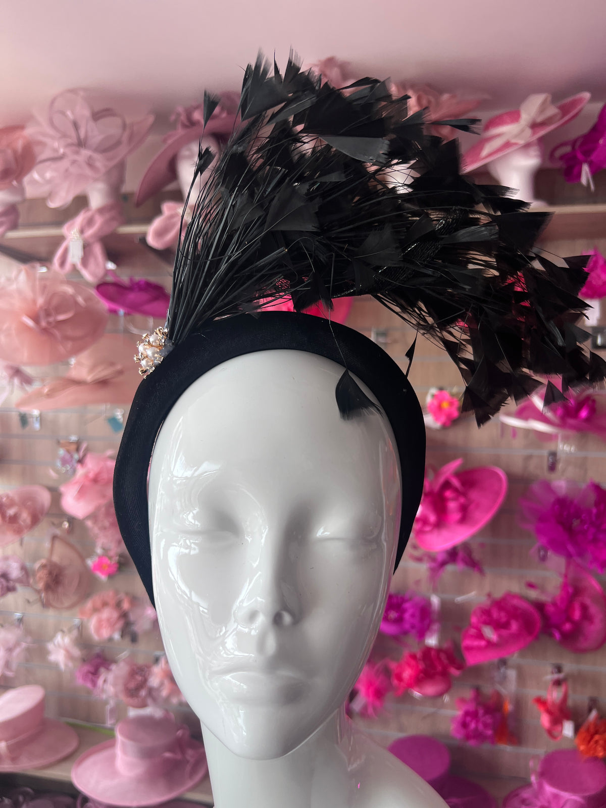 Black Feather Velvet Padded Headband Fascinator With Diamante &amp; Pearl Cluster