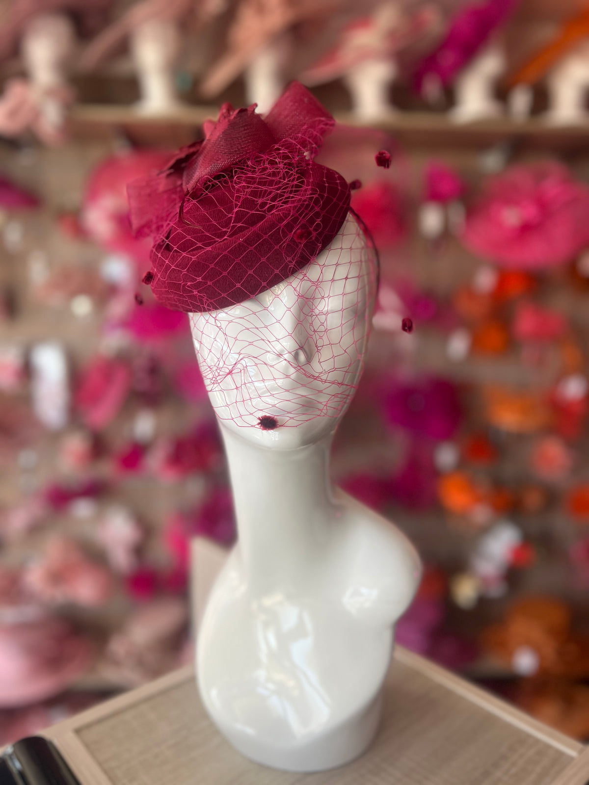 Burgundy Pillbox Hat Fascinator With Flower &amp; Veil