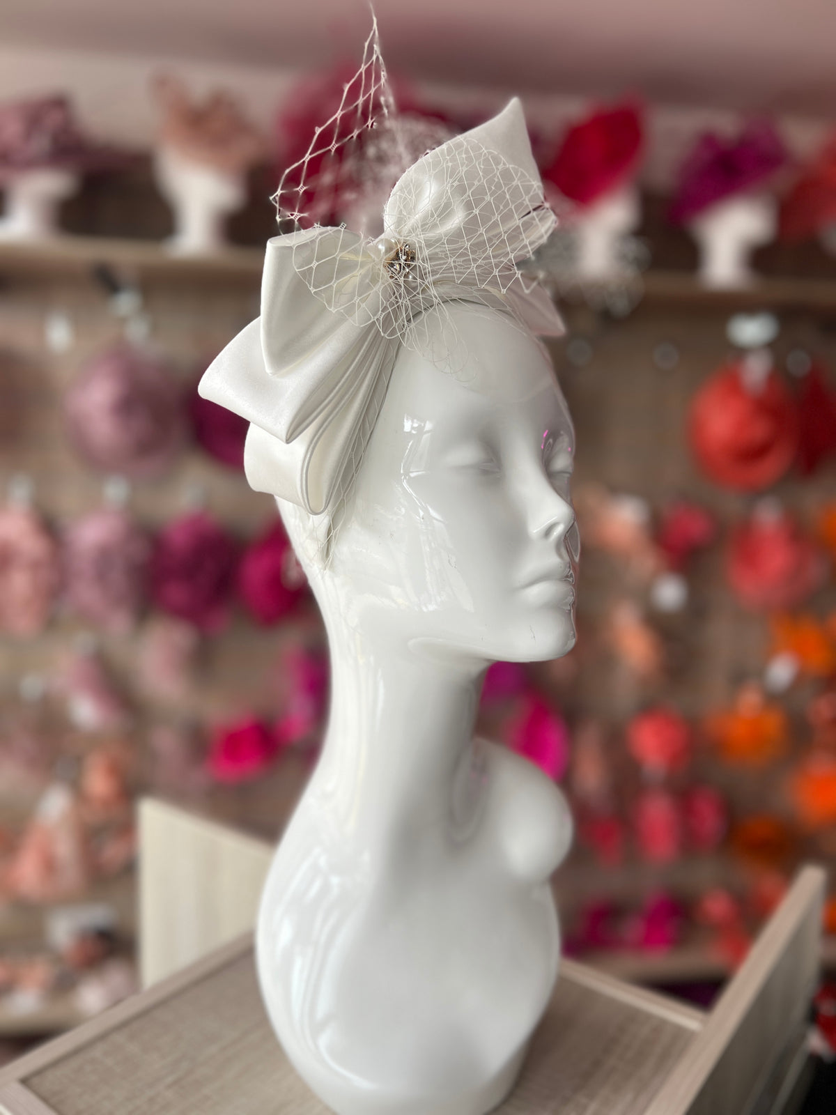 White Bridal Satin Vintage Bow Headband Fascinator With Diamante &amp; Pearls