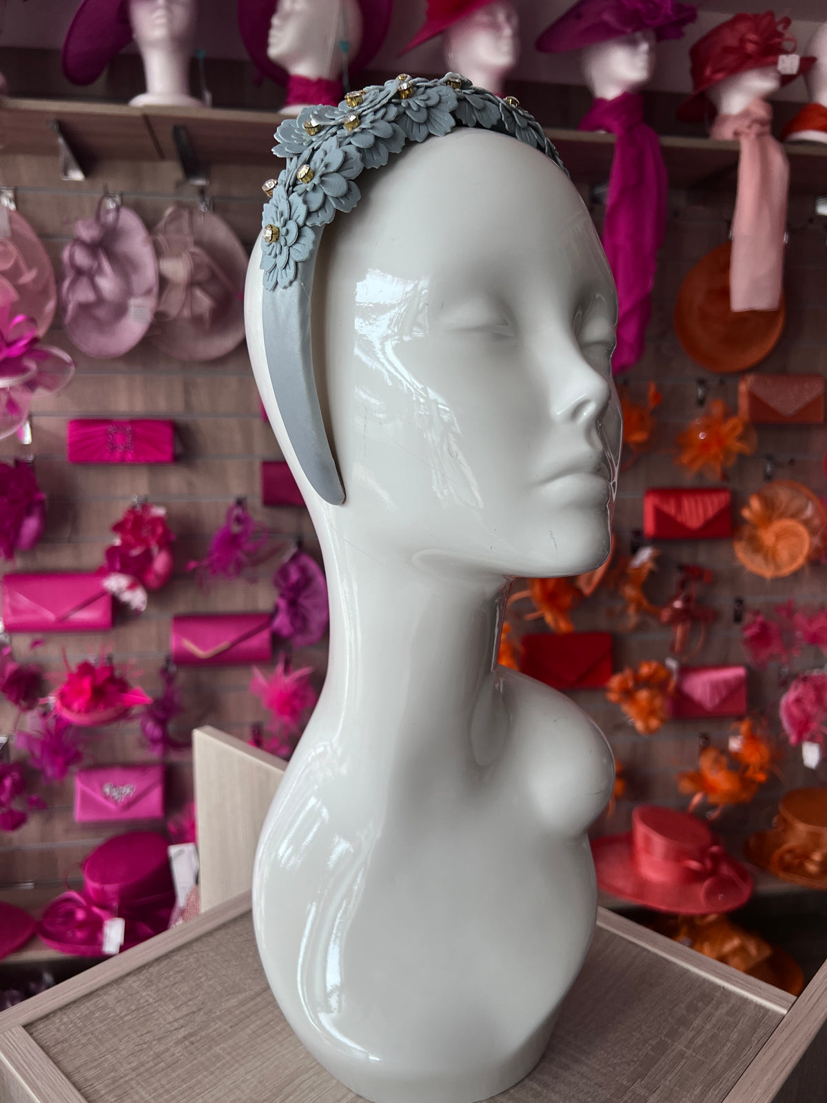 Cornflower Blue Headband With Faux Leather Lazer Cut Flowers &amp; Crystals