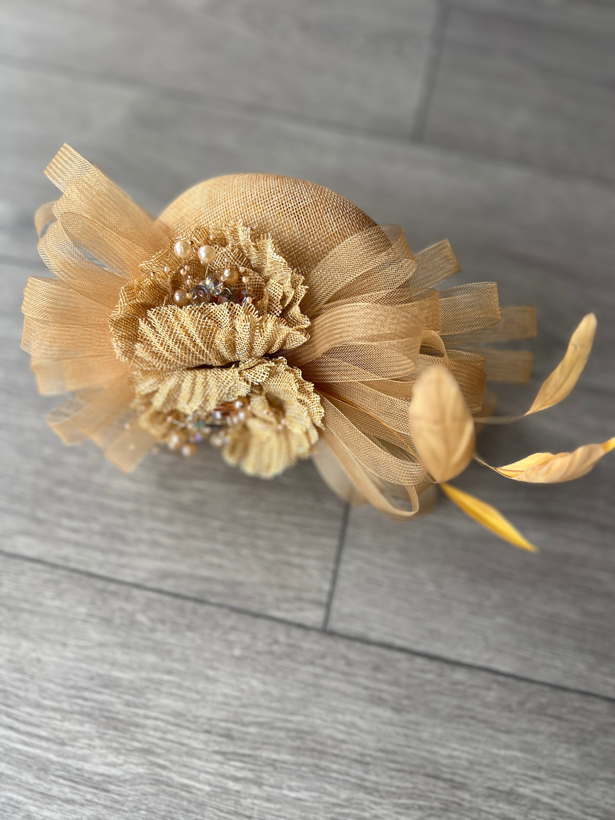 Pillbox Hat With Loops and  Embellished Flowers-Gold