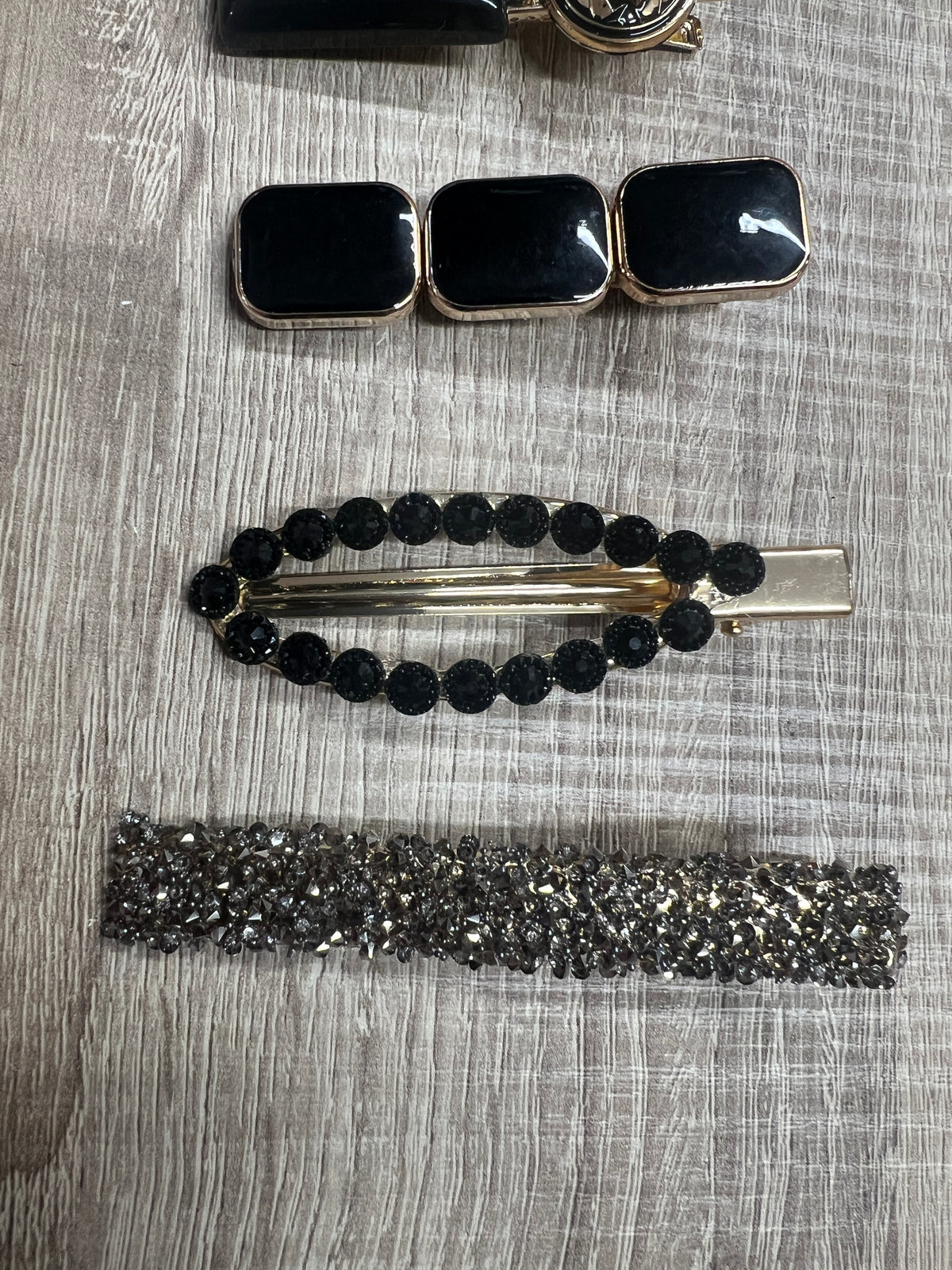 Black Resin &amp; Rhinestone Hair Clips Set x6