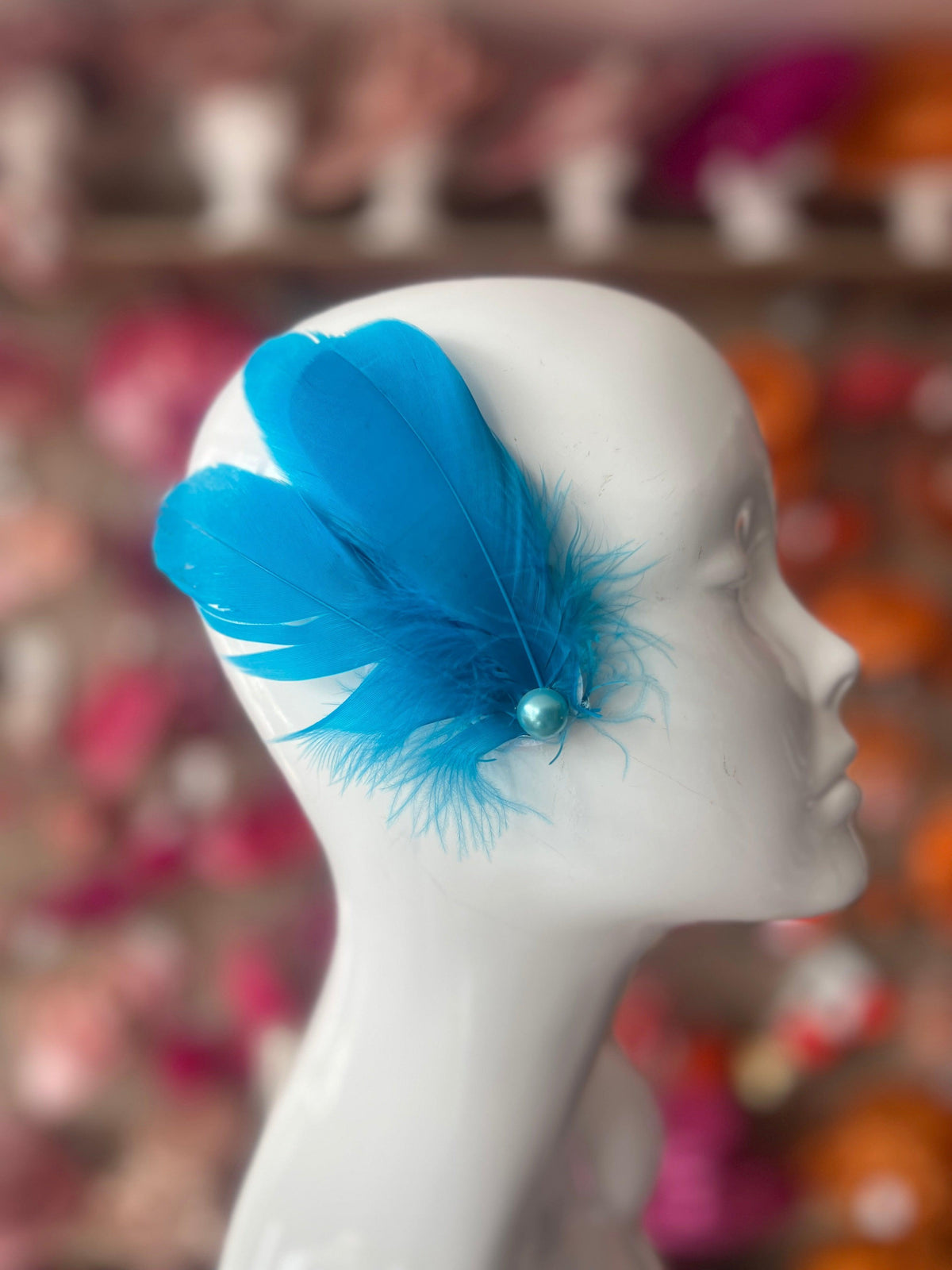 Turquoise Blue Fascinator Hair Clip With Feathers &amp; Pearl