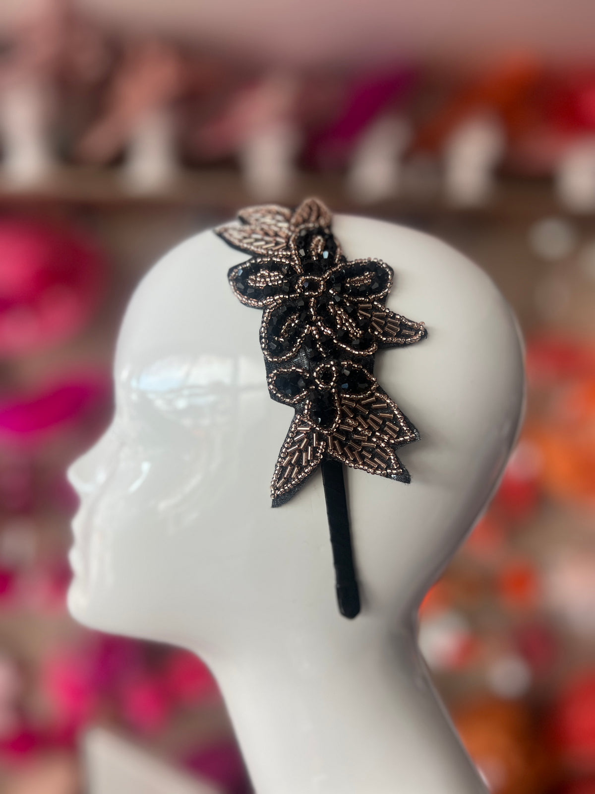 Vintage 1920's Black &amp; Gold Flower &amp; Leaf Beaded Headband