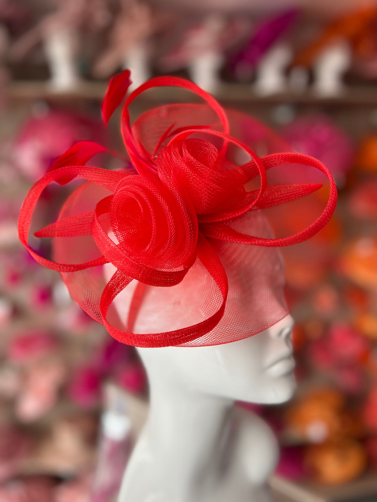 Red Crinoline Saucer Fascinator With Loops &amp; Feathers