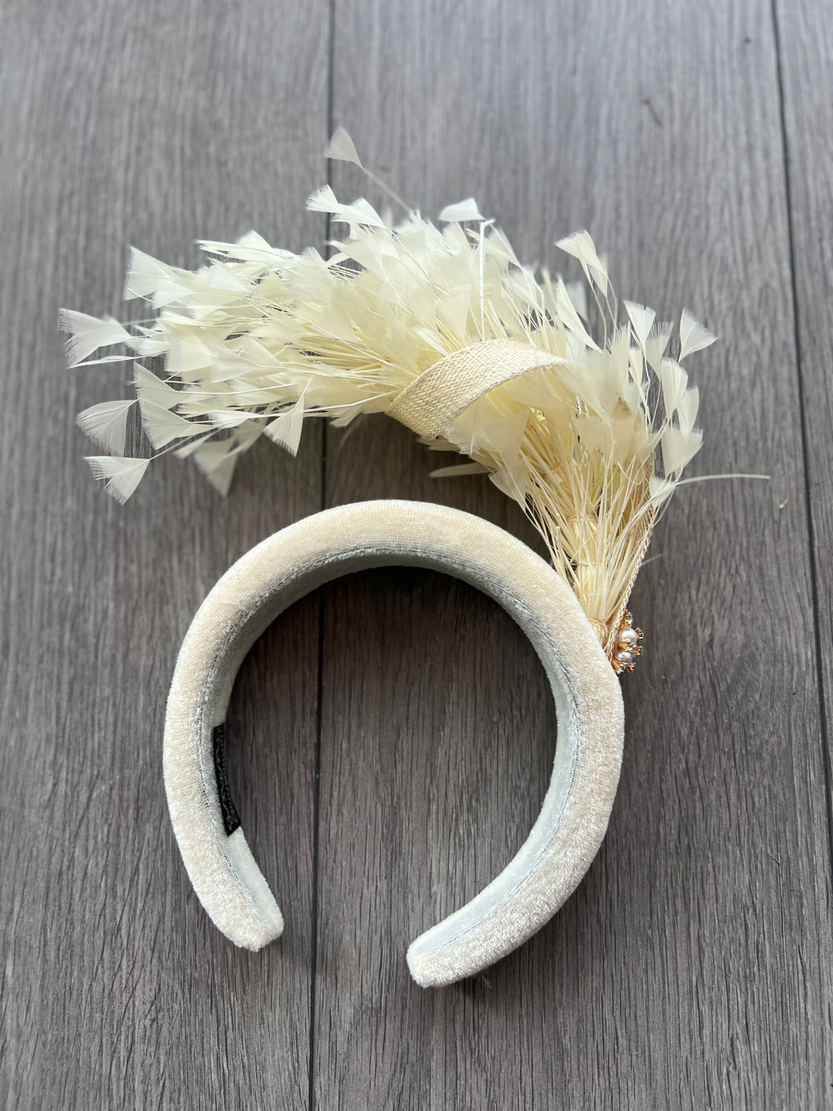 Cream Feather Velvet Padded Headband Fascinator With Diamante &amp; Pearl Cluster