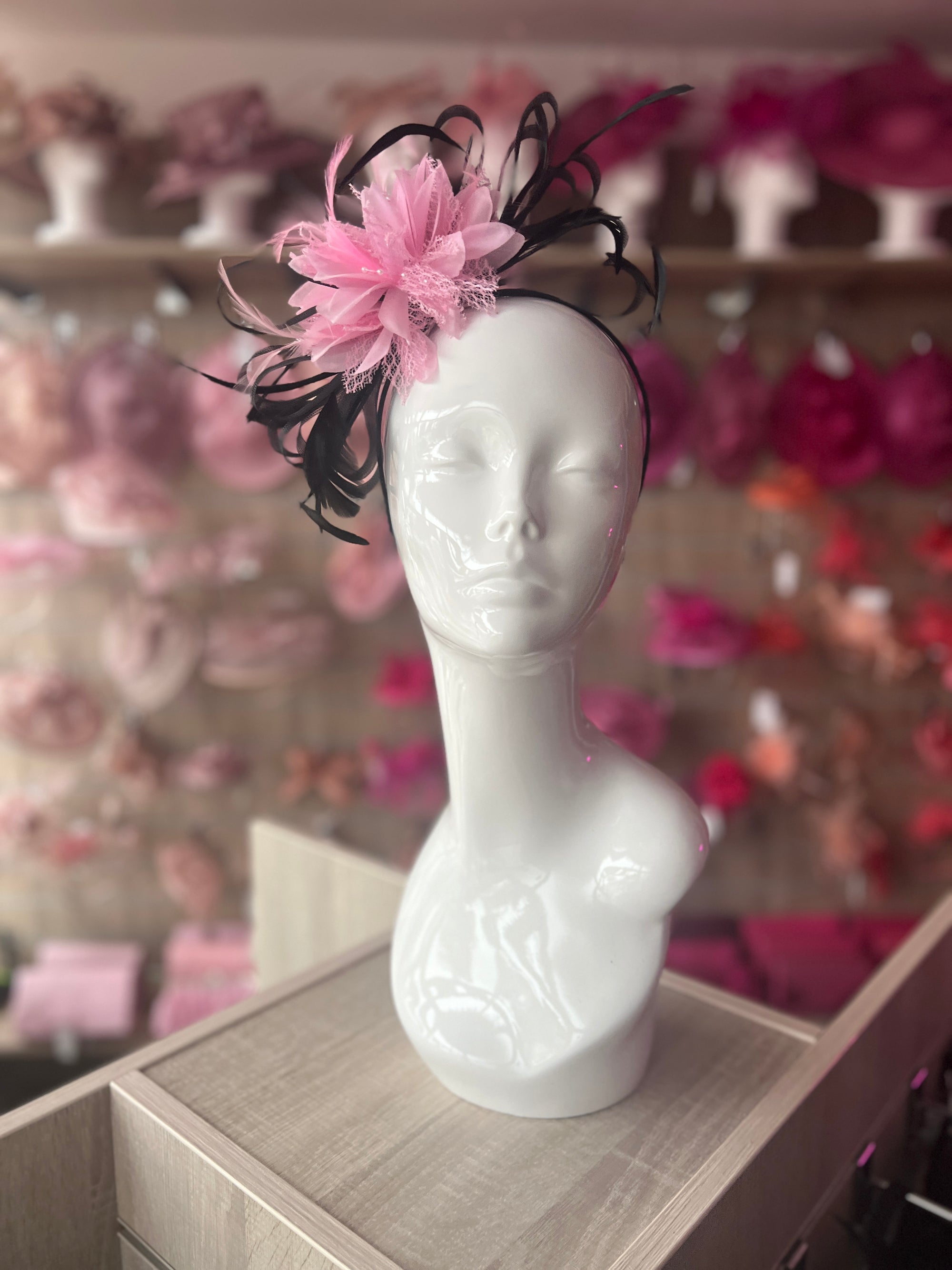 Headband Baby Pink & Black Fascinator With Flower & Loops