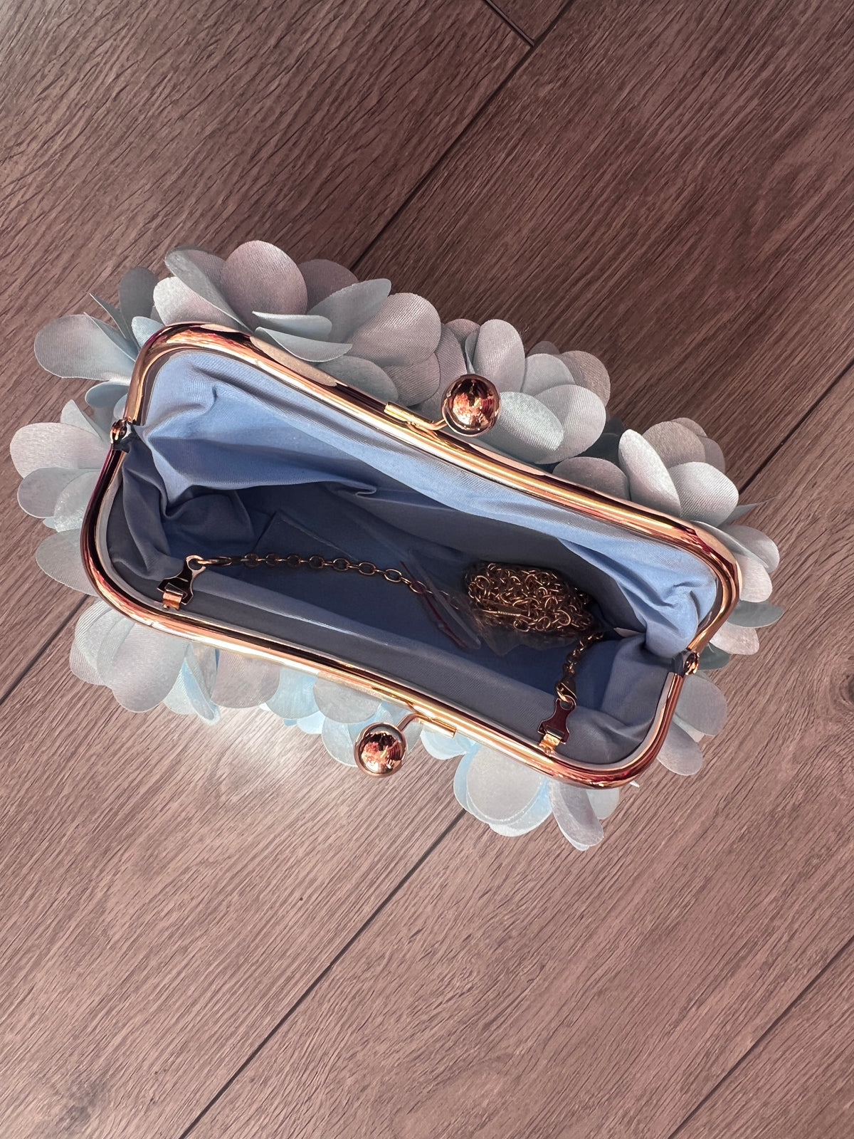 Powder Blue Satin Flower Petal Clutch Bag