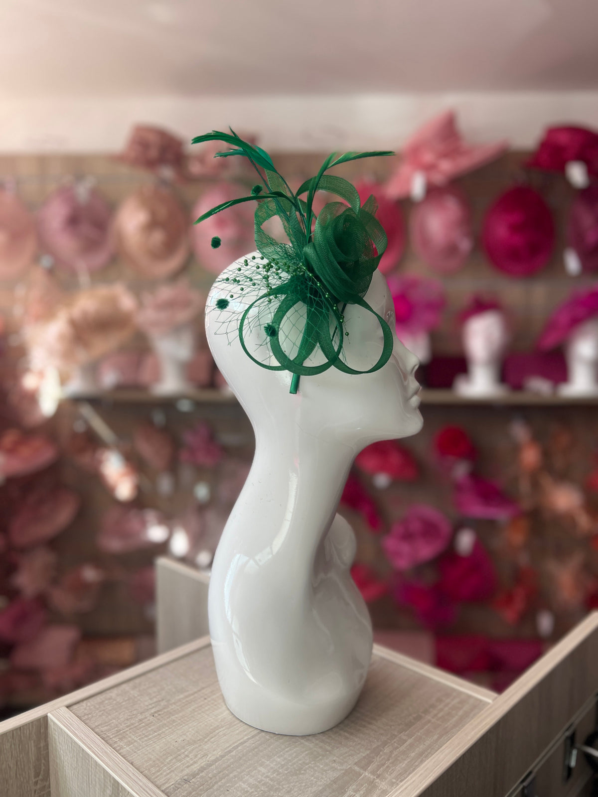 EMERALD GREEN CRINOLINE FASCINATOR WITH BEADS, LOOPS &amp; NETTING-Fascinators Direct