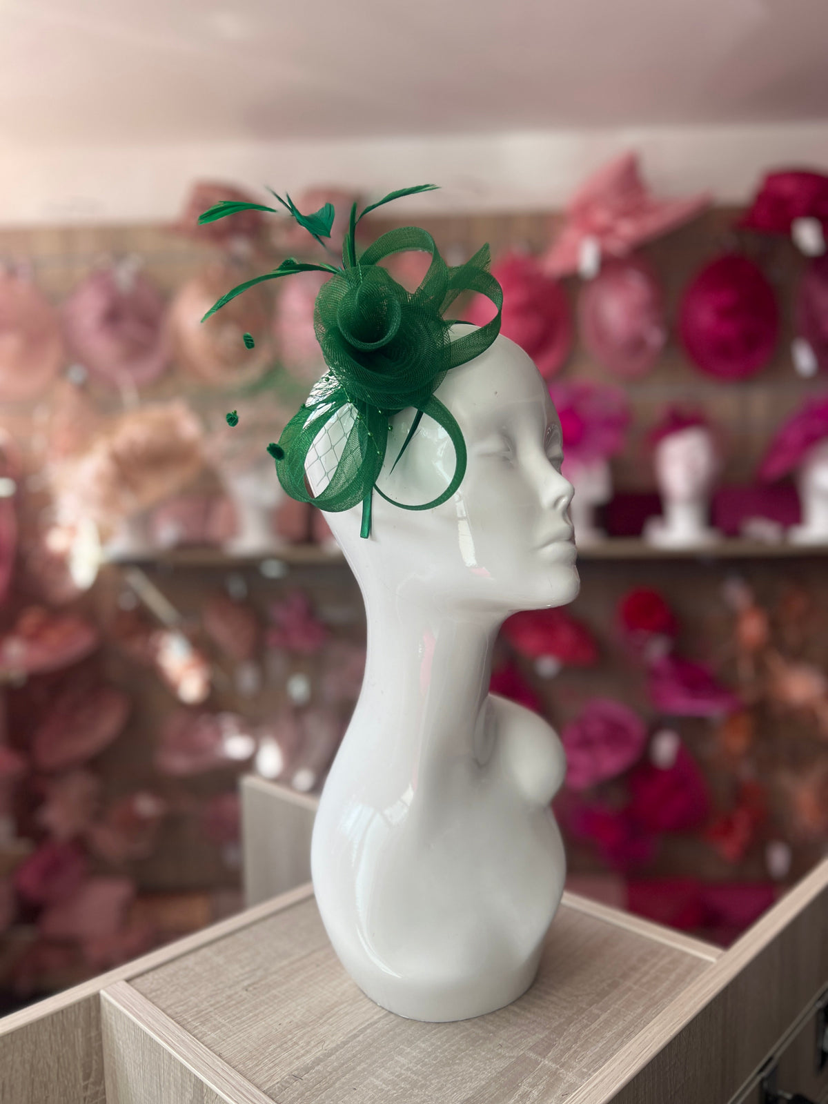 EMERALD GREEN CRINOLINE FASCINATOR WITH BEADS, LOOPS &amp; NETTING-Fascinators Direct