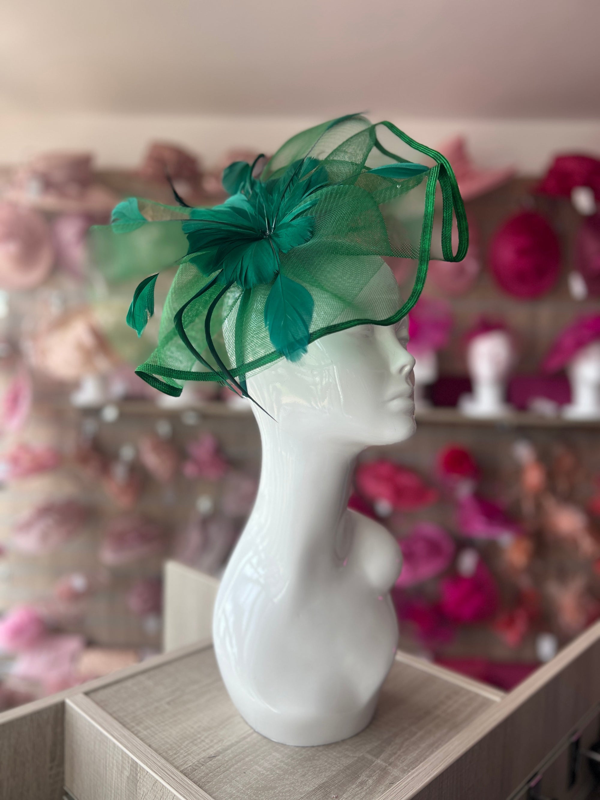 Emerald Green Large Fascinator with Ruched Crinoline & Flower-Fascinators Direct