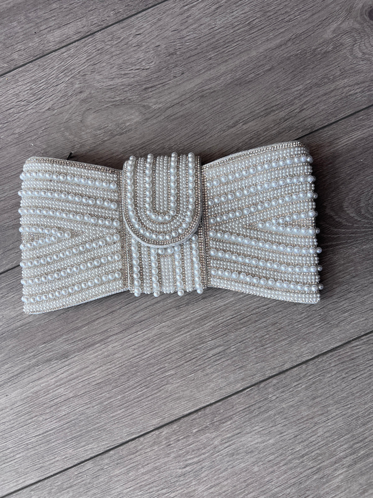 Elegant White Pearl With Diamante Bow Style Clutch Bag-Fascinators Direct