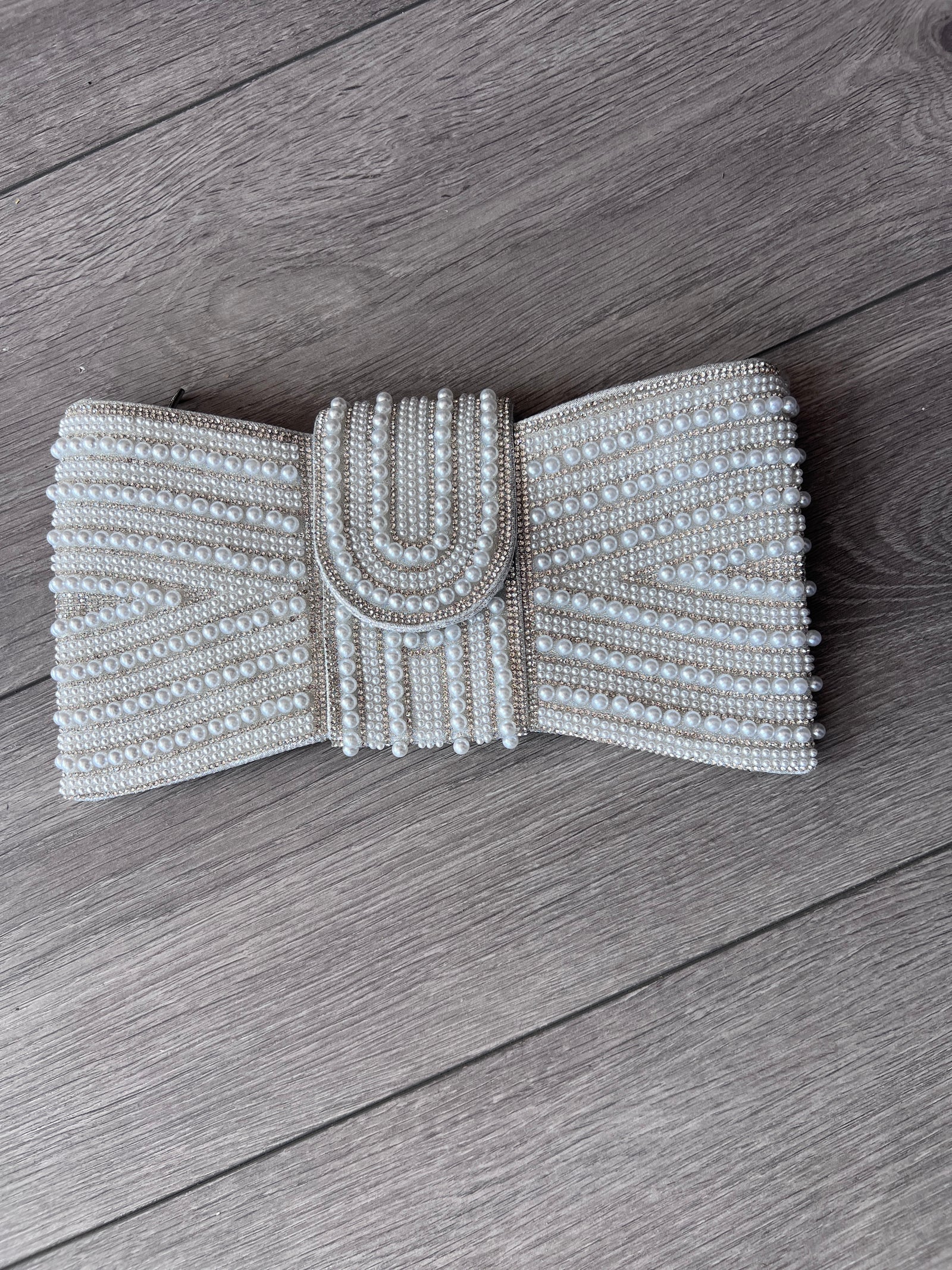 Elegant White Pearl With Diamante Bow Style Clutch Bag-Fascinators Direct