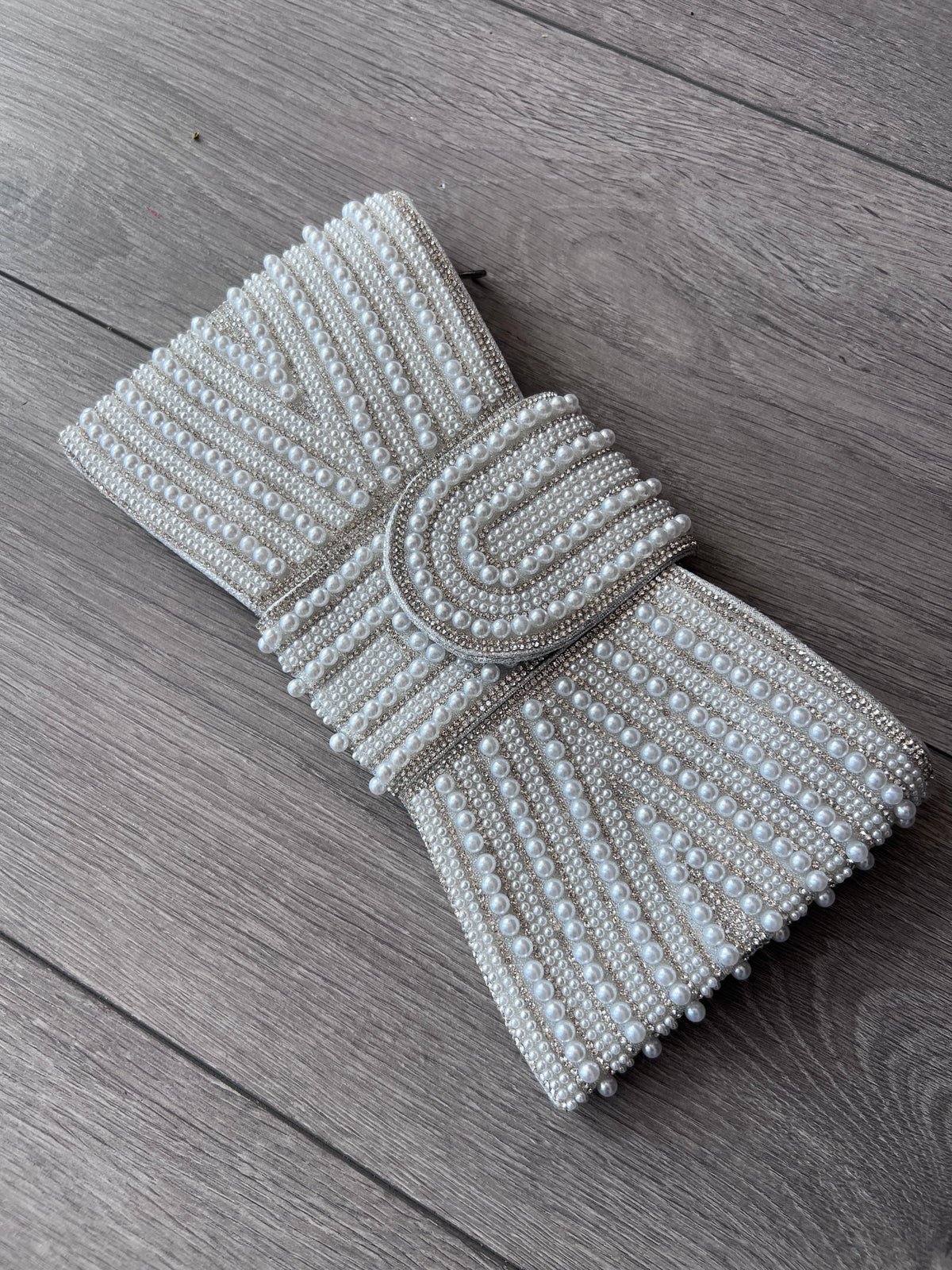Elegant White Pearl With Diamante Bow Style Clutch Bag-Fascinators Direct