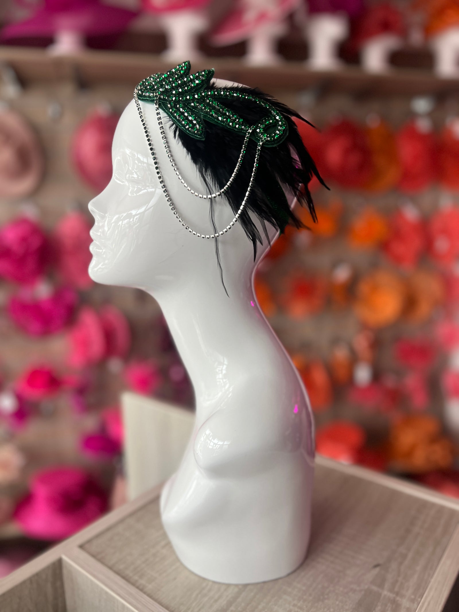 Emerald Green 1920's Style Feather Flapper Headpiece With Hanging Diamantés-Fascinators Direct