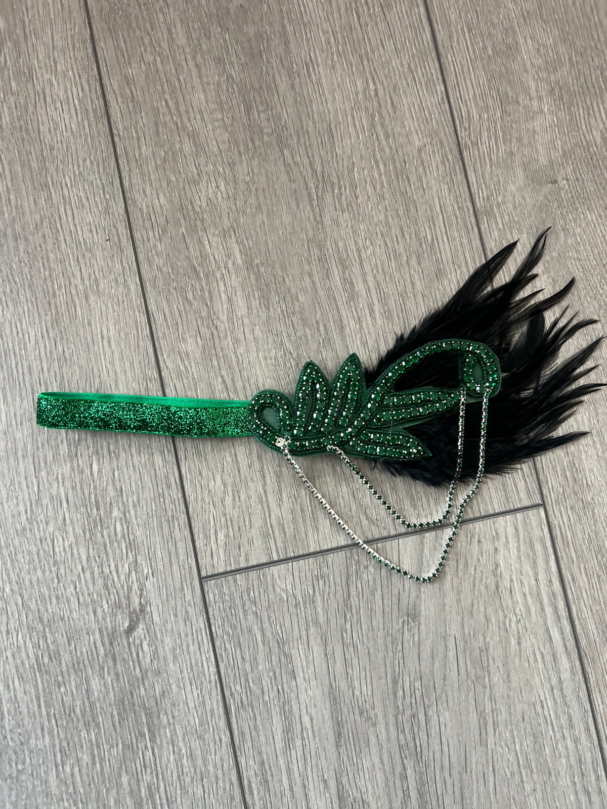 Emerald Green 1920's Style Feather Flapper Headpiece With Hanging Diamantés-Fascinators Direct