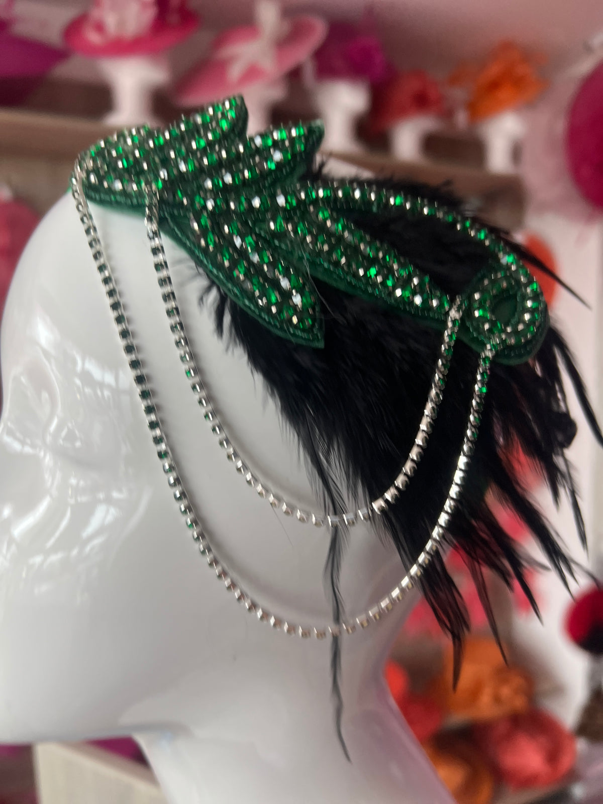 Emerald Green 1920's Style Feather Flapper Headpiece With Hanging Diamantés-Fascinators Direct