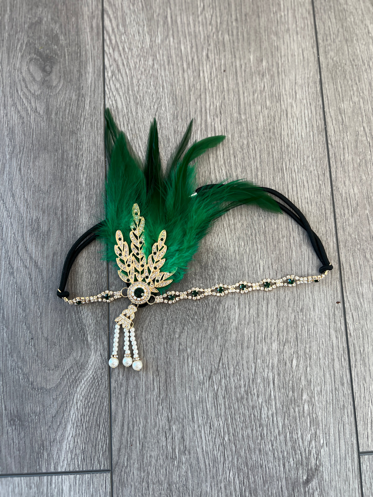 Emerald Green 1920&#39;s Style Feather Flapper Headpiece With Hanging Pearls-Fascinators Direct