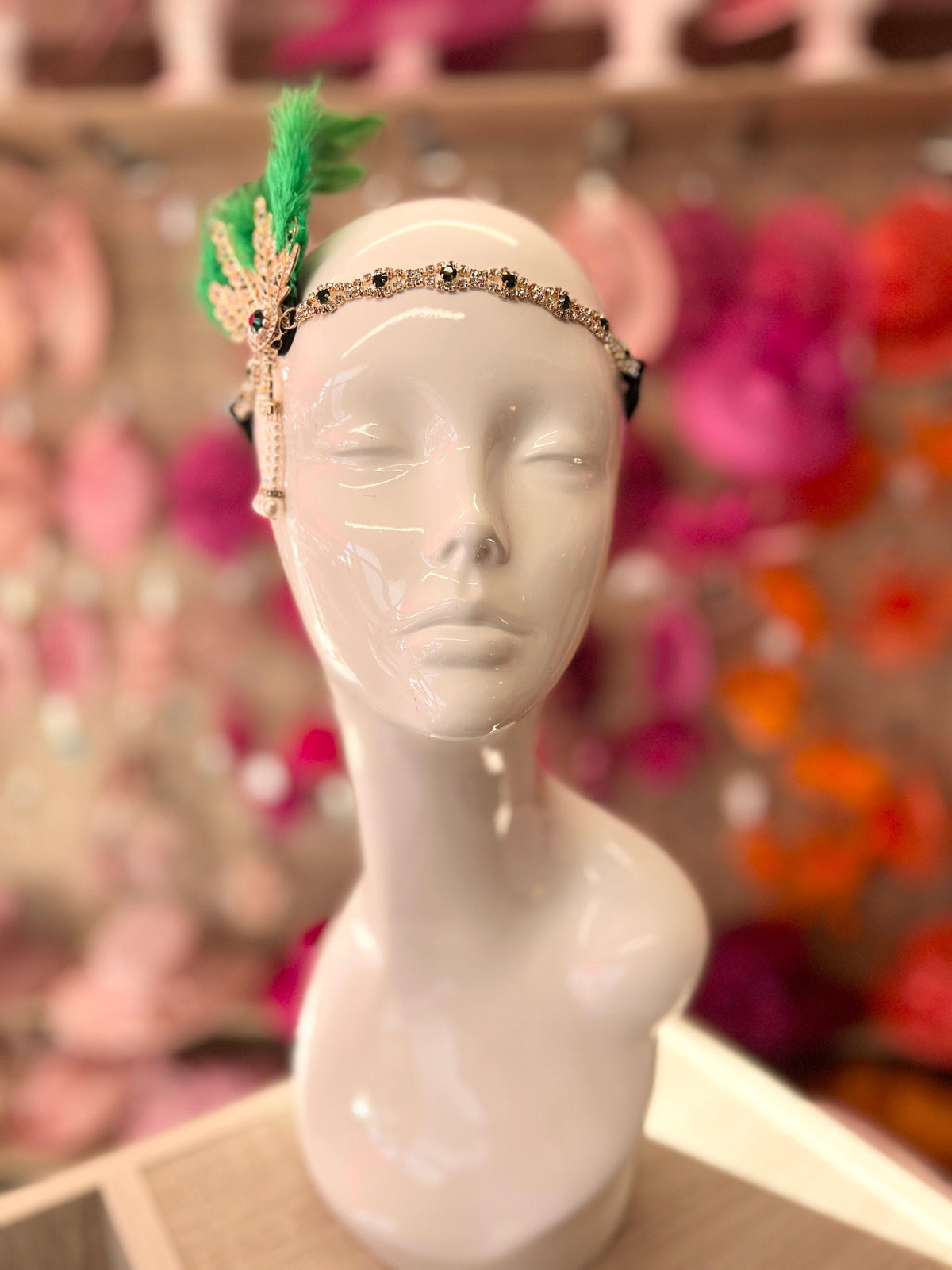Emerald Green 1920&#39;s Style Feather Flapper Headpiece With Hanging Pearls-Fascinators Direct