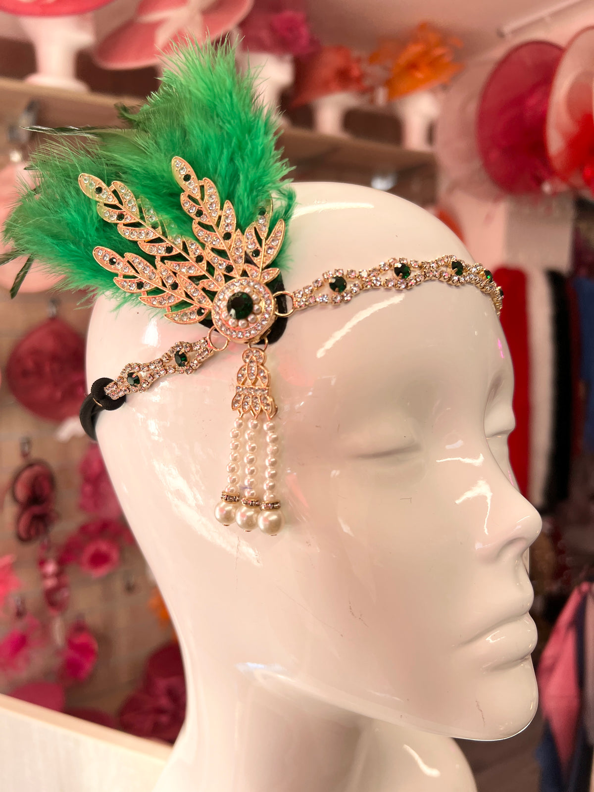 Emerald Green 1920&#39;s Style Feather Flapper Headpiece With Hanging Pearls-Fascinators Direct