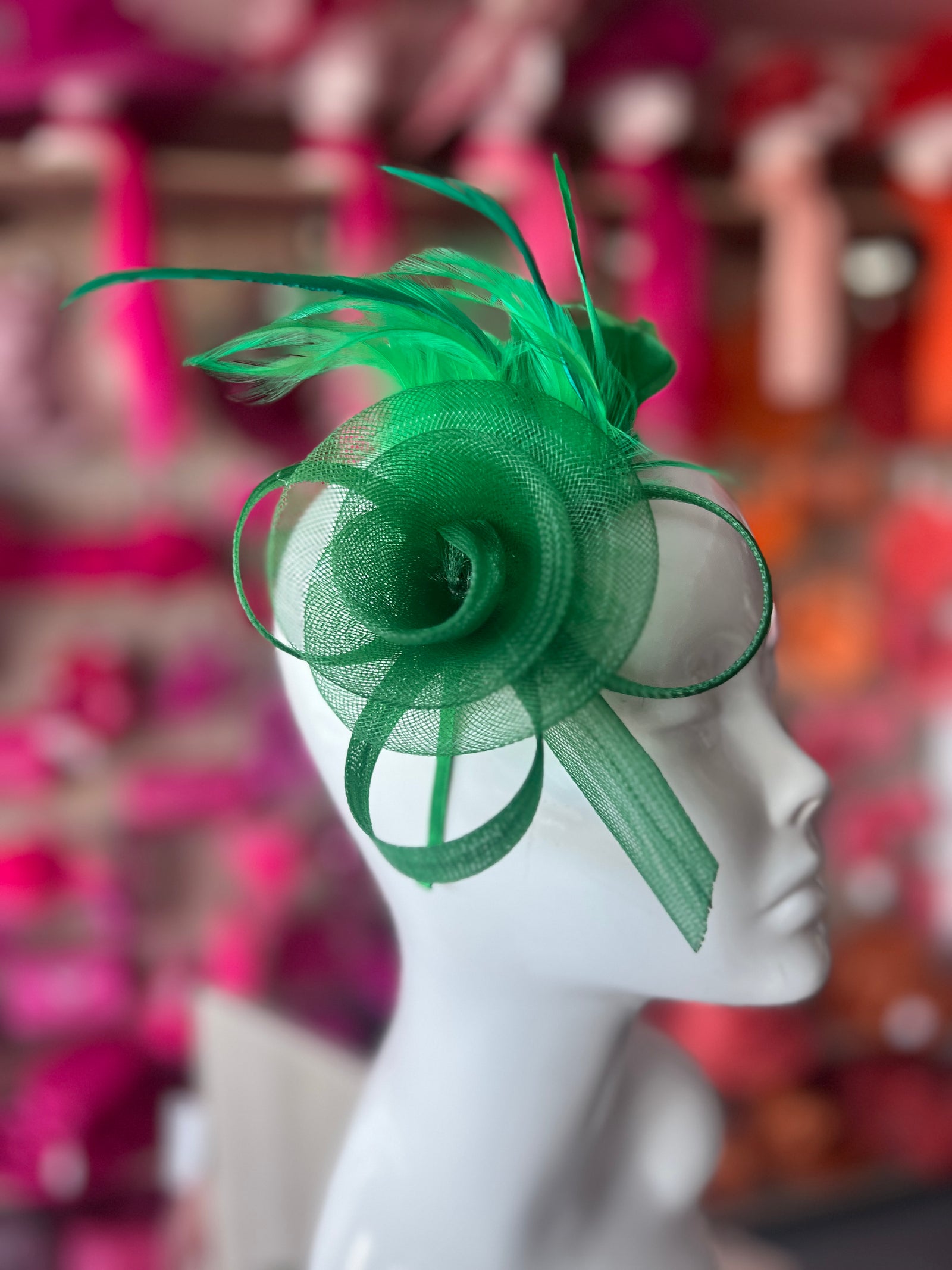 Emerald Green Crinoline Fascinator with Swirl & Feathers-Fascinators Direct