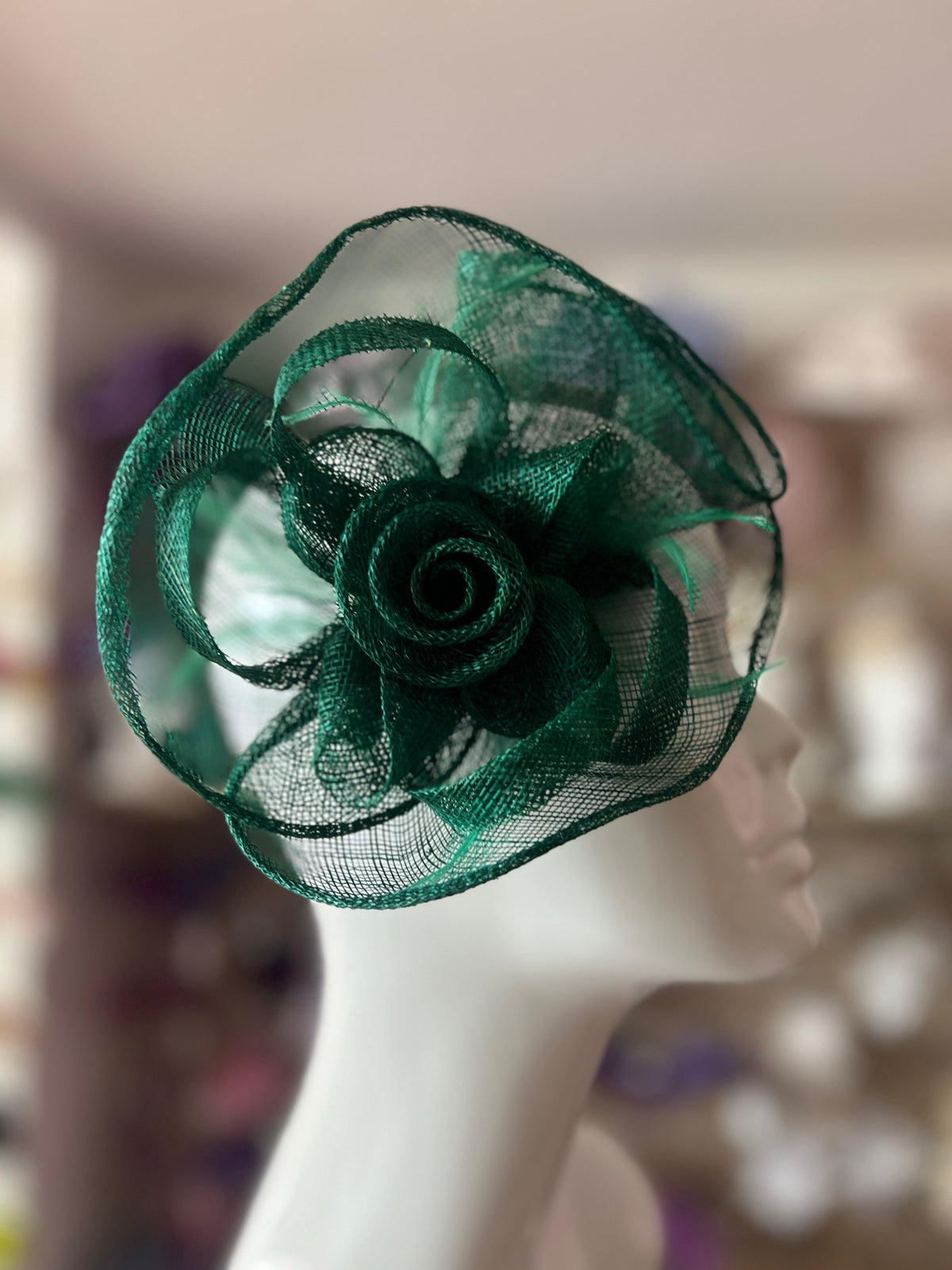 Emerald Green Fascinator Clip with Folded Sinamay Flower-Fascinators Direct