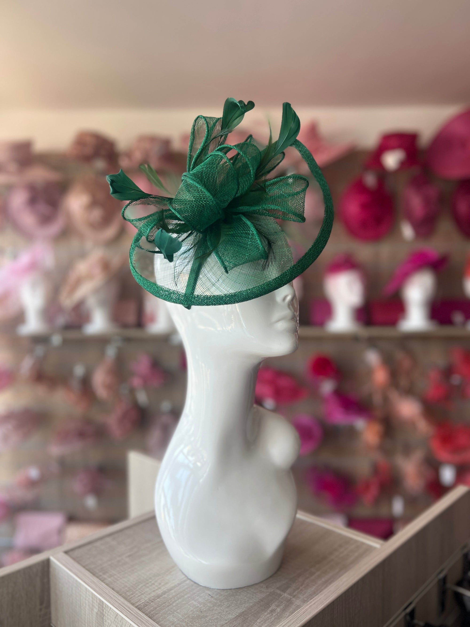 Emerald Green Fascinator with Ruched Sinamay & Loops-Fascinators Direct