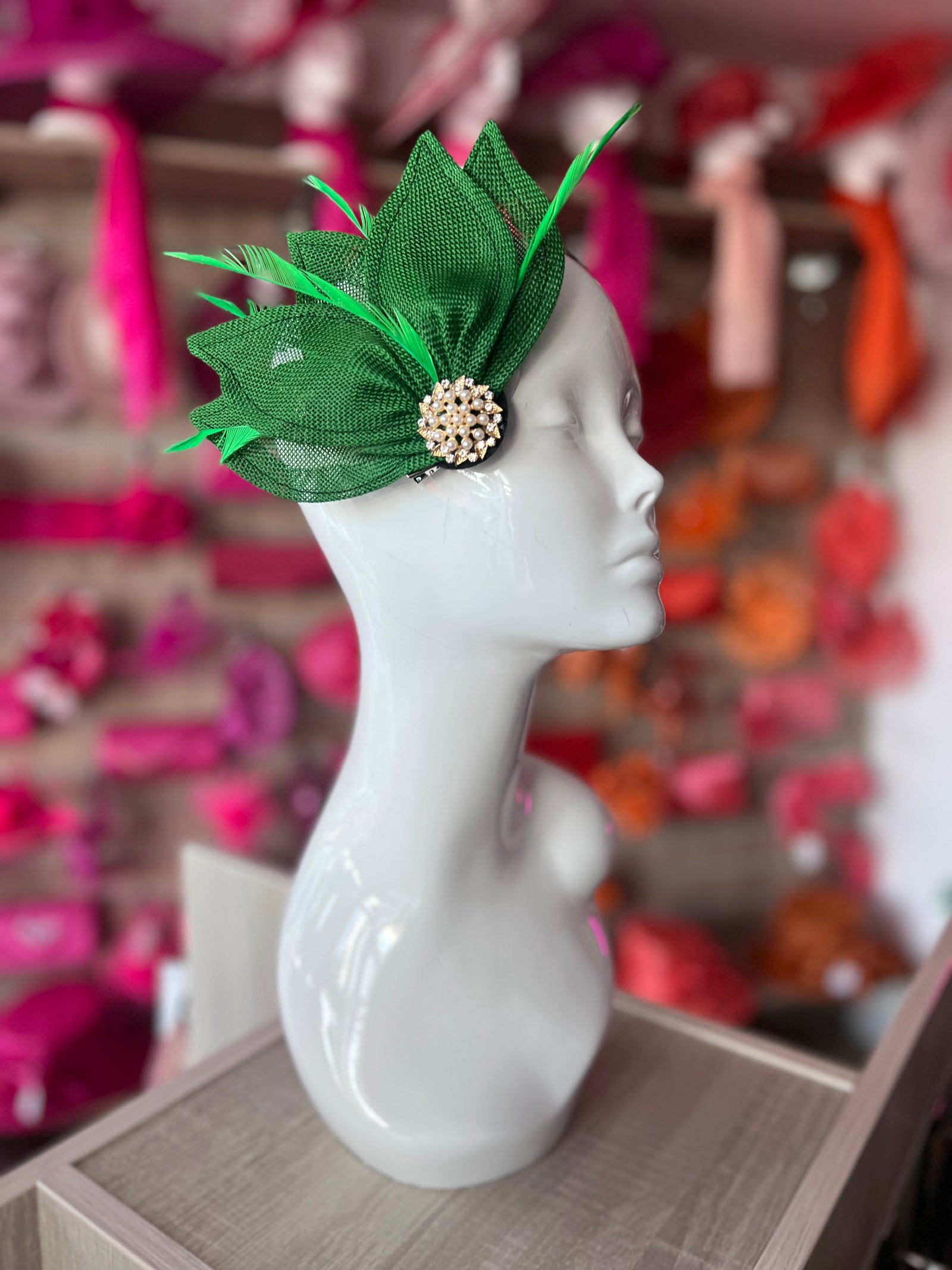 Emerald Green Feather Petal Fan Hair Clip Fascinator-Fascinators Direct