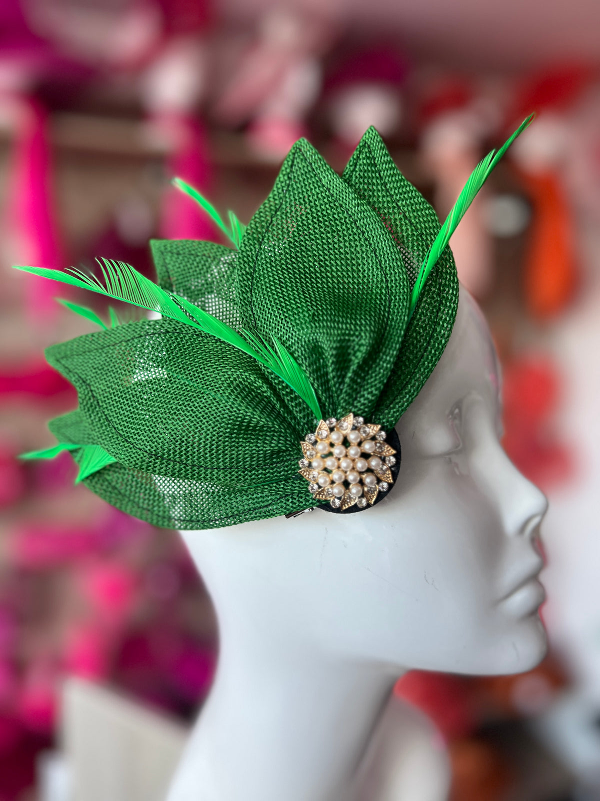 Emerald Green Feather Petal Fan Hair Clip Fascinator-Fascinators Direct