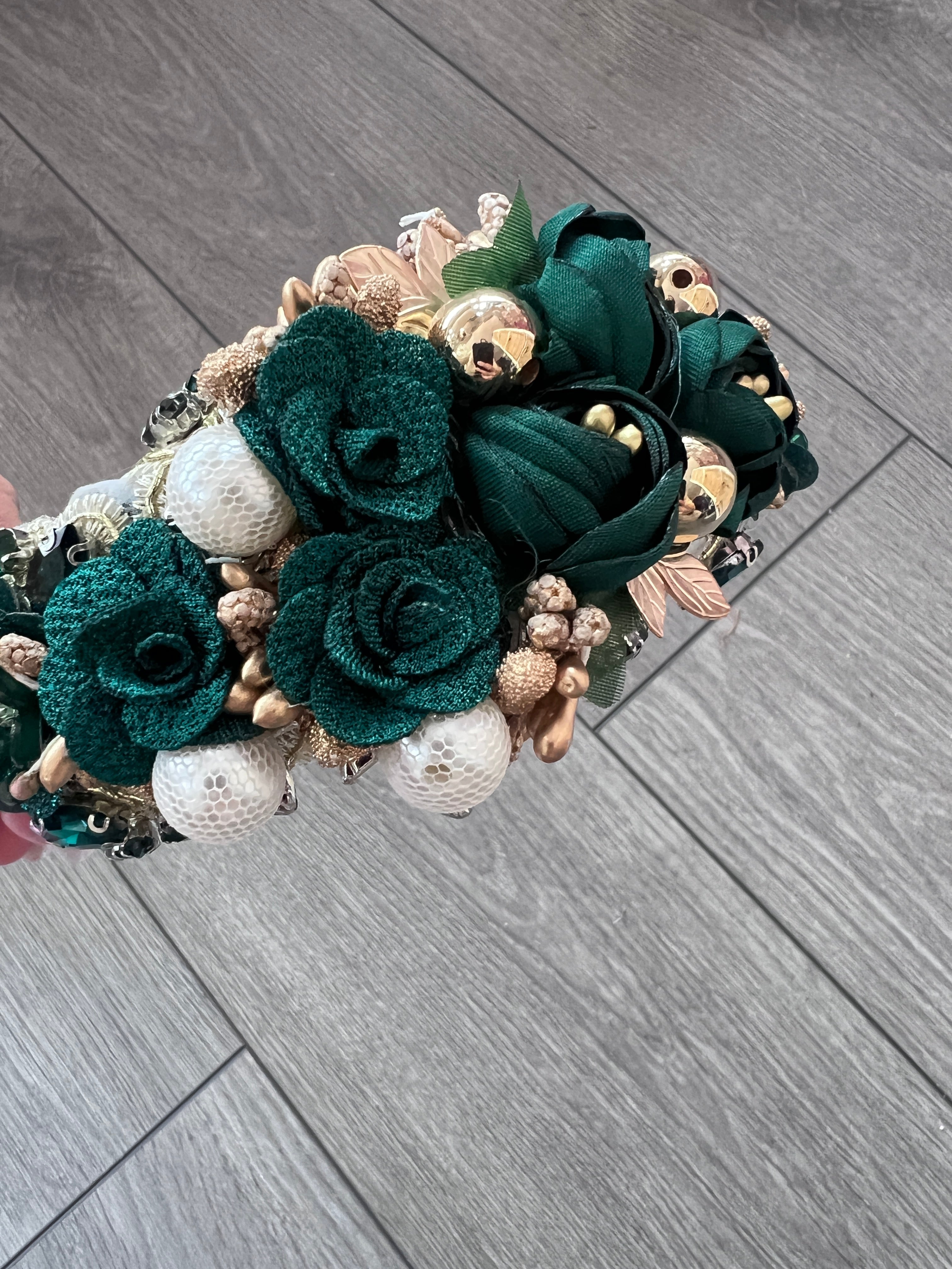 Emerald Green Flower Headband With Pearls & Diamantes Emerald Green Flower Headband With Pearls & Diamantes
