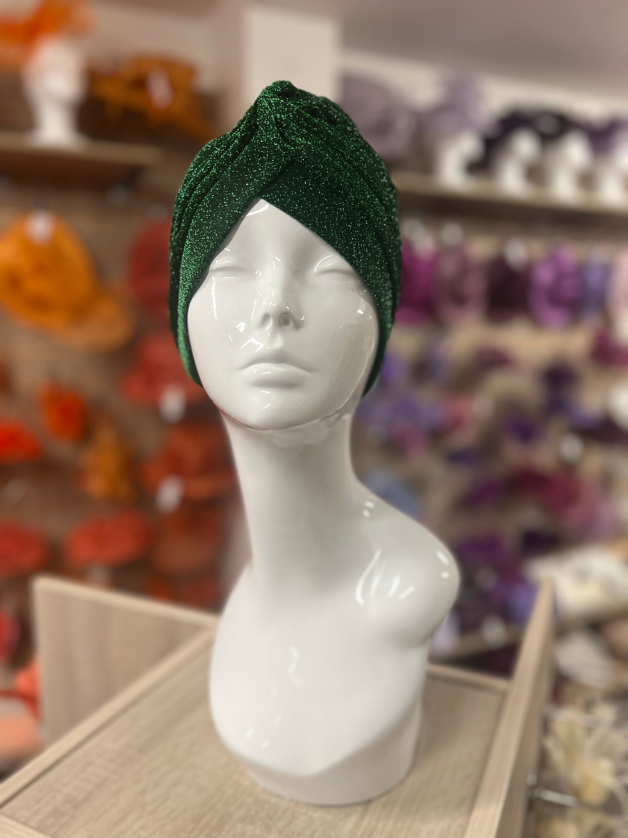 Emerald Green Glitter Turban Hat-Fascinators Direct