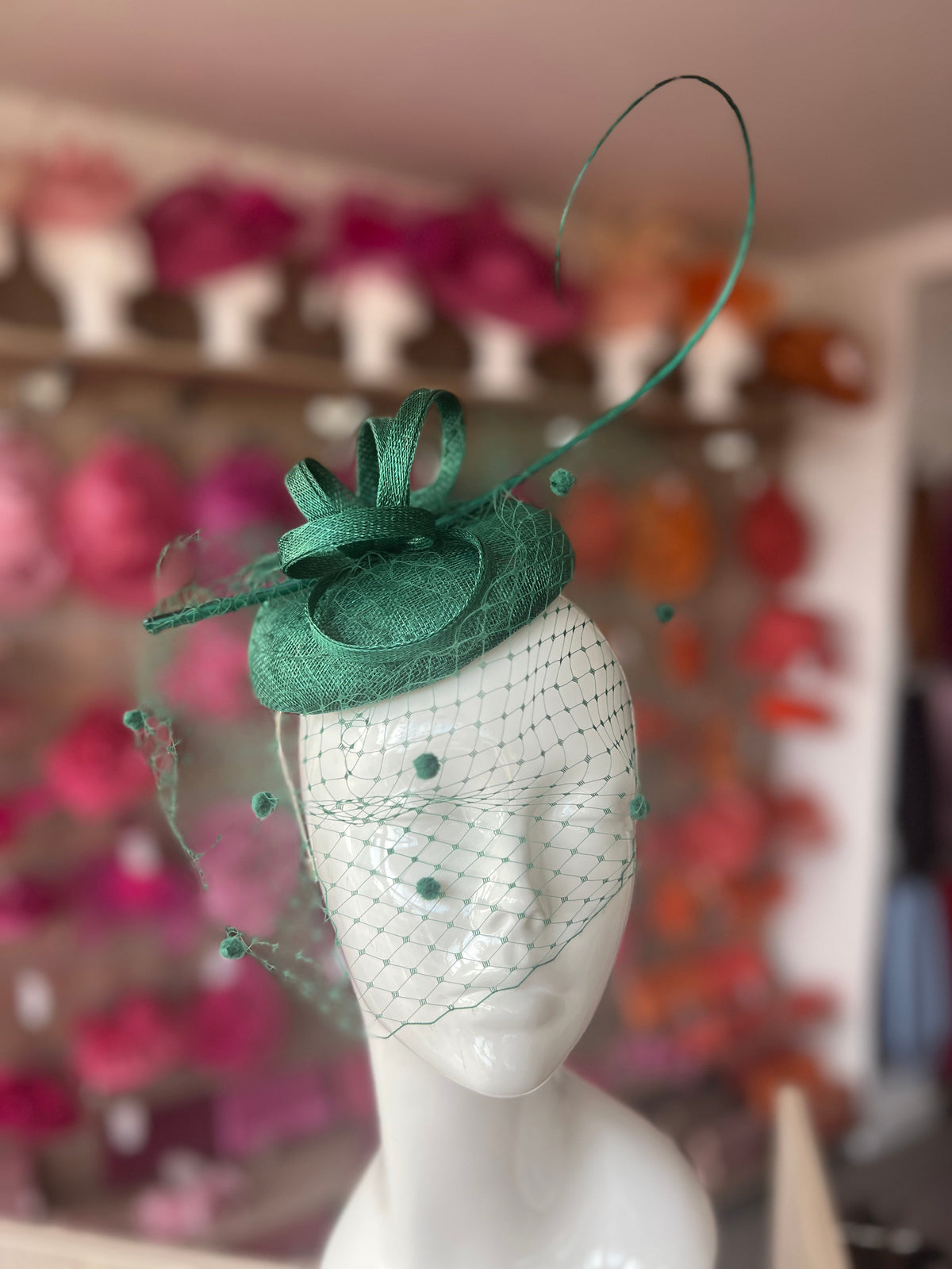 Emerald Green Pillbox Hat with Veil &amp; Curled Quill-Fascinators Direct