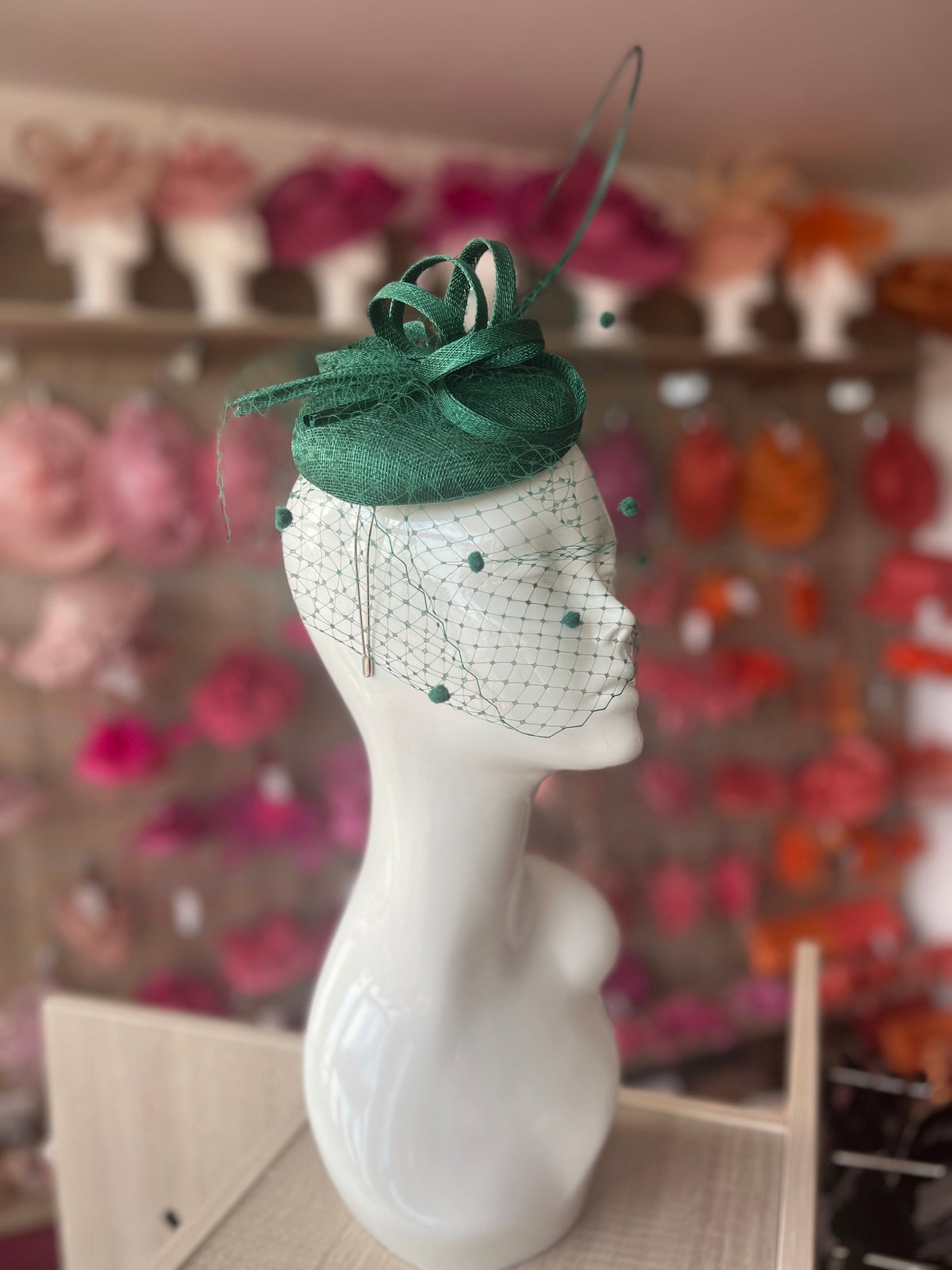 Emerald Green Pillbox Hat with Veil &amp; Curled Quill-Fascinators Direct