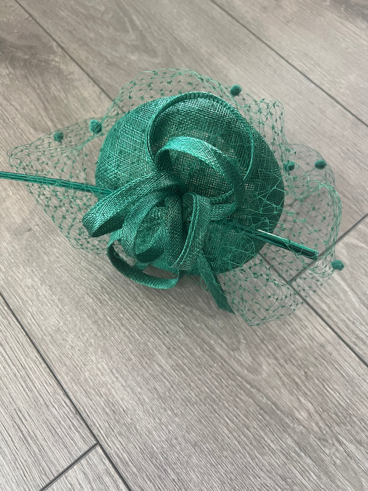 Emerald Green Pillbox Hat with Veil &amp; Curled Quill-Fascinators Direct
