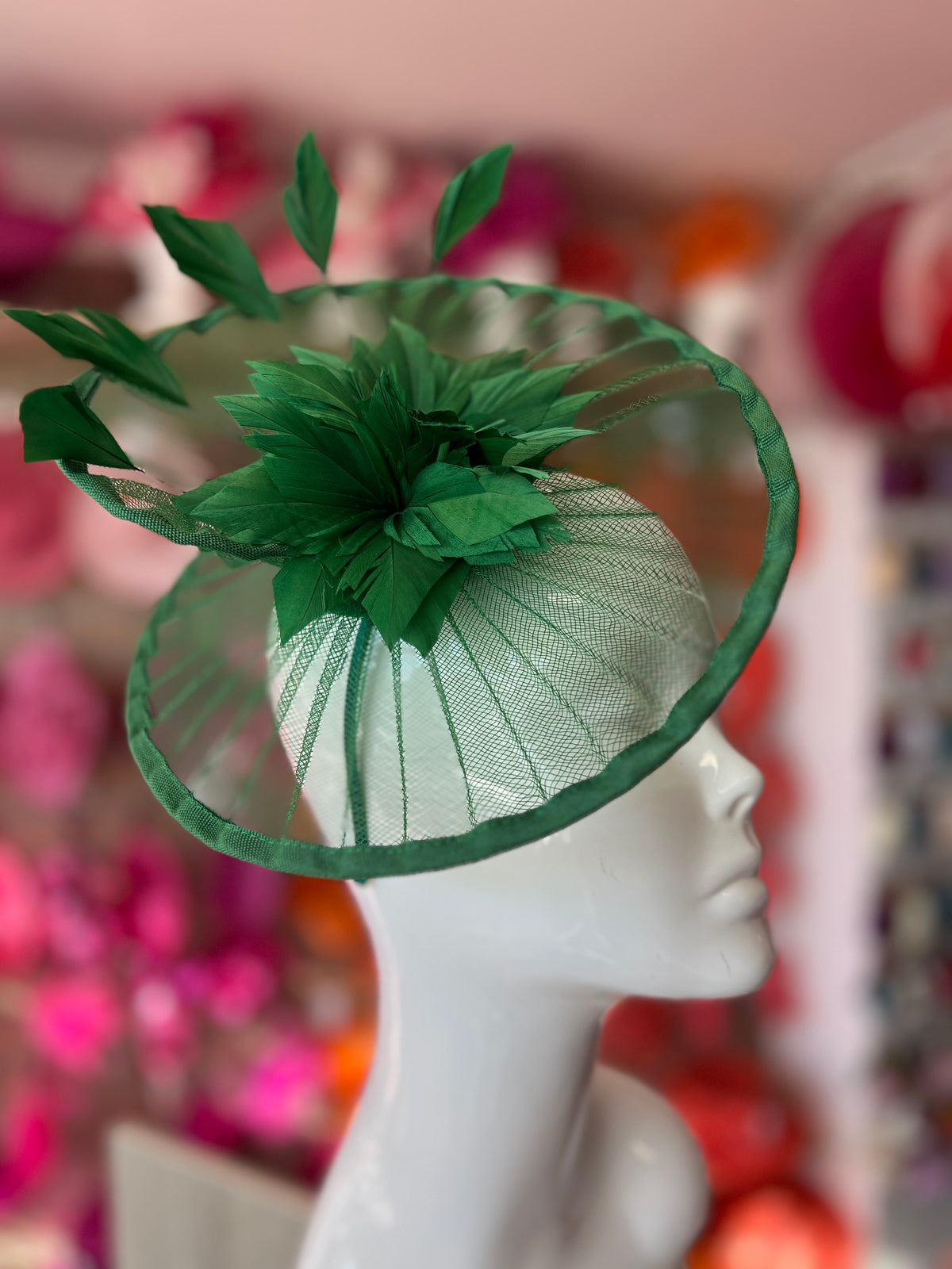 Emerald Green Pleated Spiral Fascinator With Feather Flower-Fascinators Direct