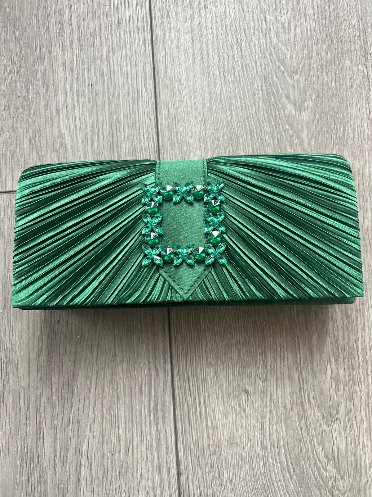 Emerald Green Satin Pleated Clutch Bag With Jewel Embellishment-Fascinators Direct